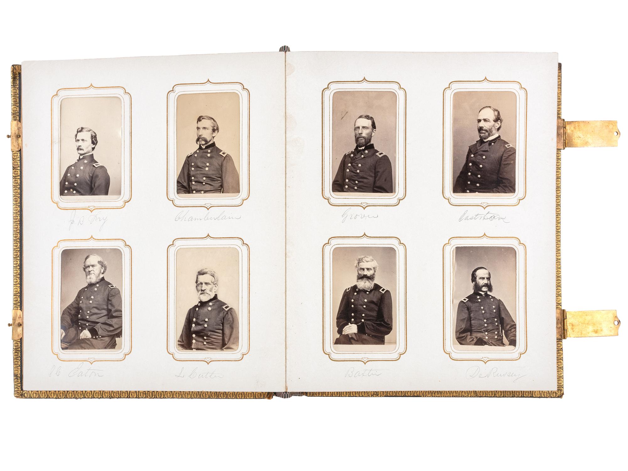[CIVIL WAR]. BRADY, Mathew, photographer. Exceptional album containing 120 CDVs of Union generals and officers, incl. Joshua Chamberlain and George A. Custer. New York, NY: E. & H.T. Anthony, 1860s.