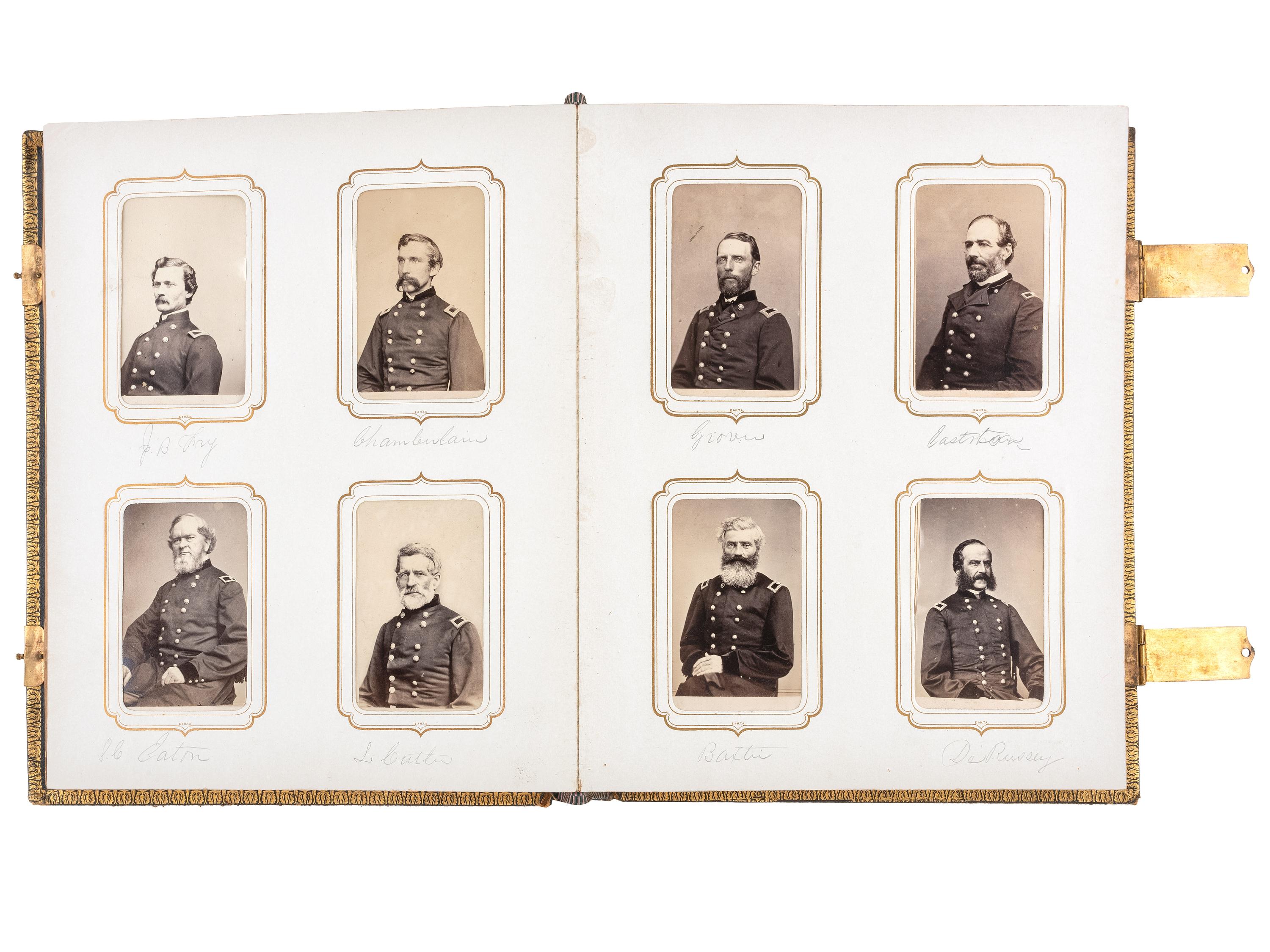 [CIVIL WAR]. BRADY, Mathew, photographer. Exceptional album containing 120 CDVs of Union generals and officers, incl. Joshua Chamberlain and George A. Custer. New York, NY: E. & H.T. Anthony, 1860s.