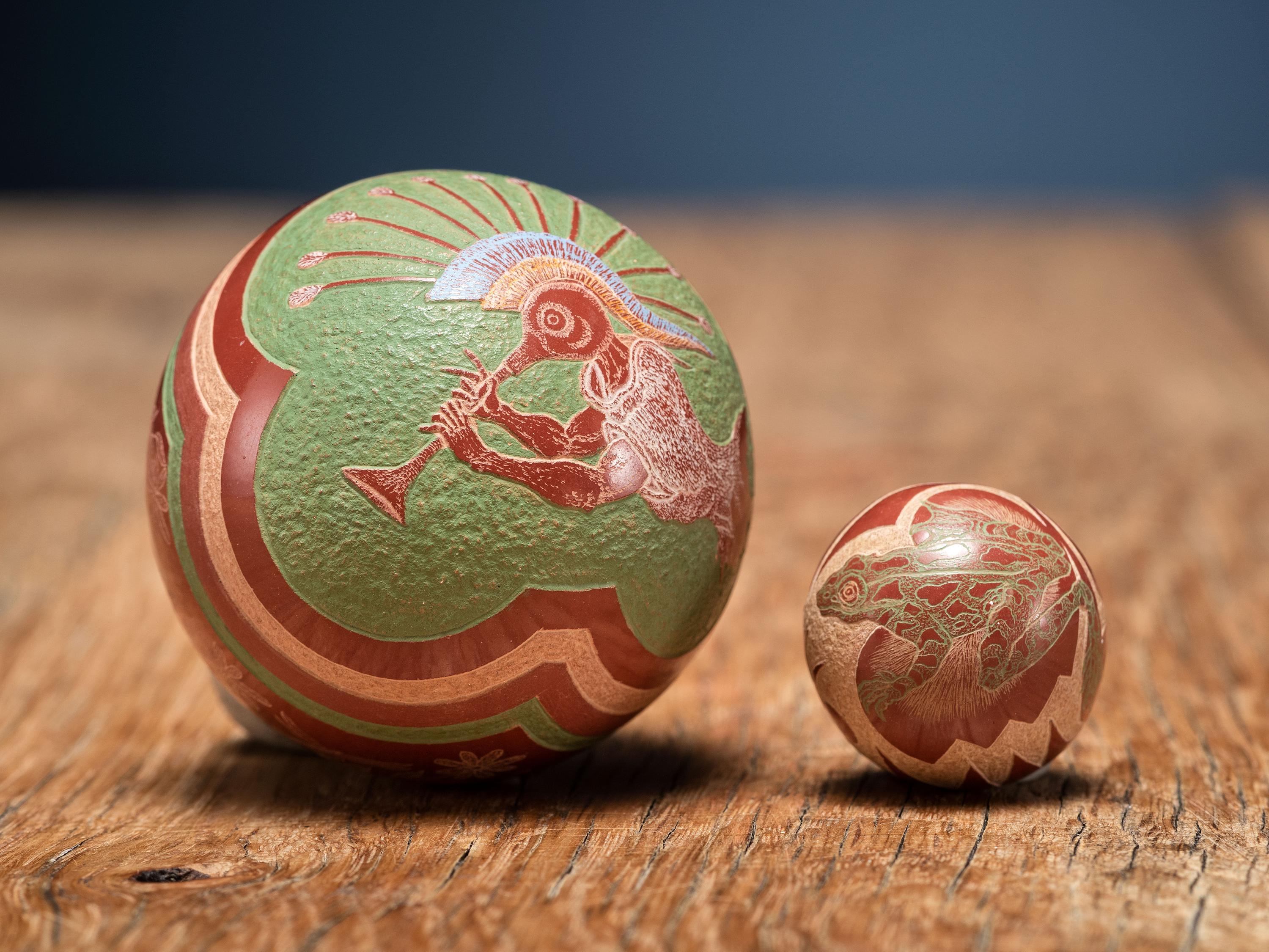 Miniature Polychrome Sgraffito Pottery Seed Jars