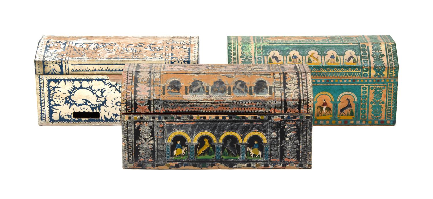 Three Indian Polychromed Wood Domed Trunks Height of largest 16 x width 32 x depth 16 inches. — LATE 19th /EARLY 20th CENTURY