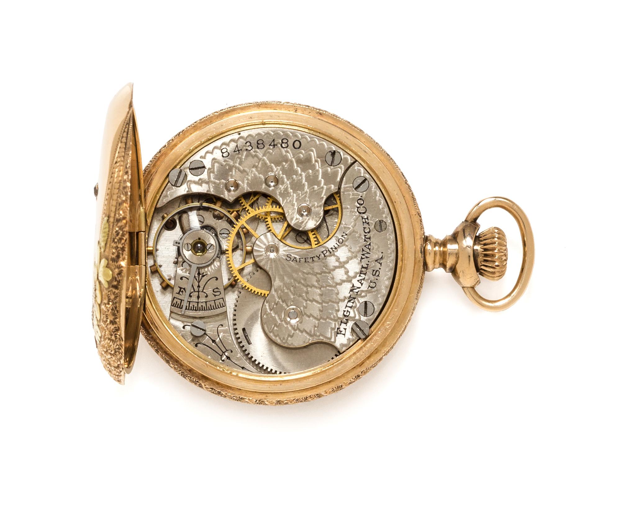 A 14 Karat Tricolor Gold and Diamond Hunter Case Pocket Watch, Elgin, Circa 1900, 23.20 dwts.