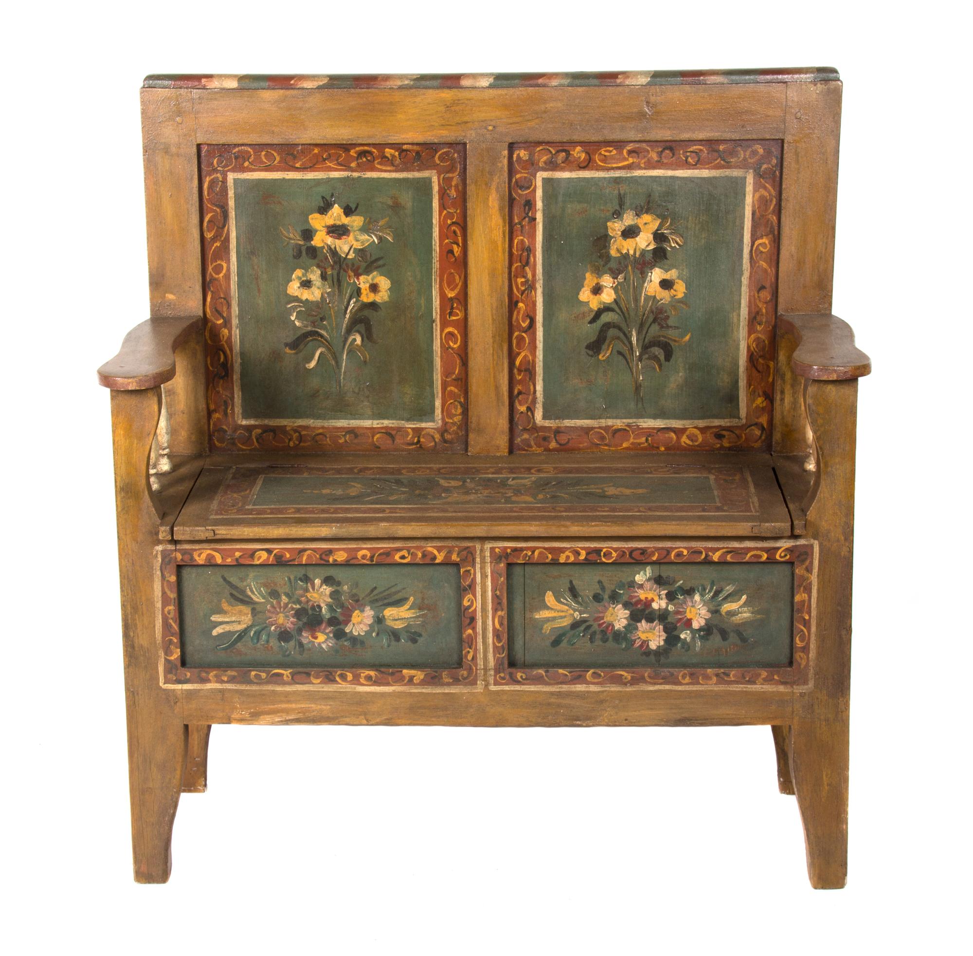 A Northern European Painted Bench Height 43 x width 39 x depth 14 1/4 inches. — 19TH CENTURY