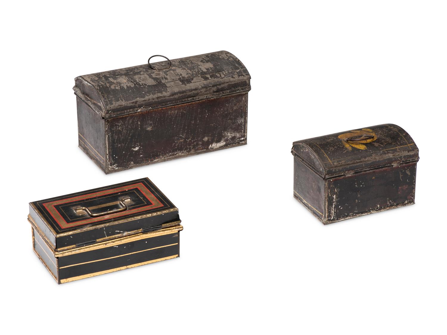A Collection and Paint Decorated and Lithographed Advertising Tins and Banks
