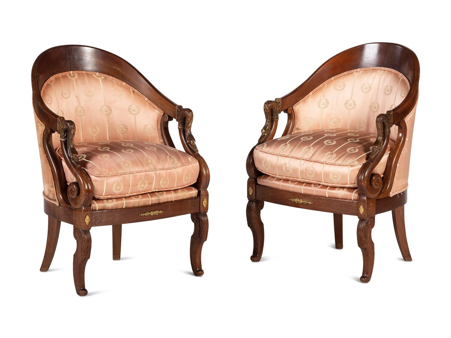 A Pair of Empire Style Silk Upholstered Armchairs