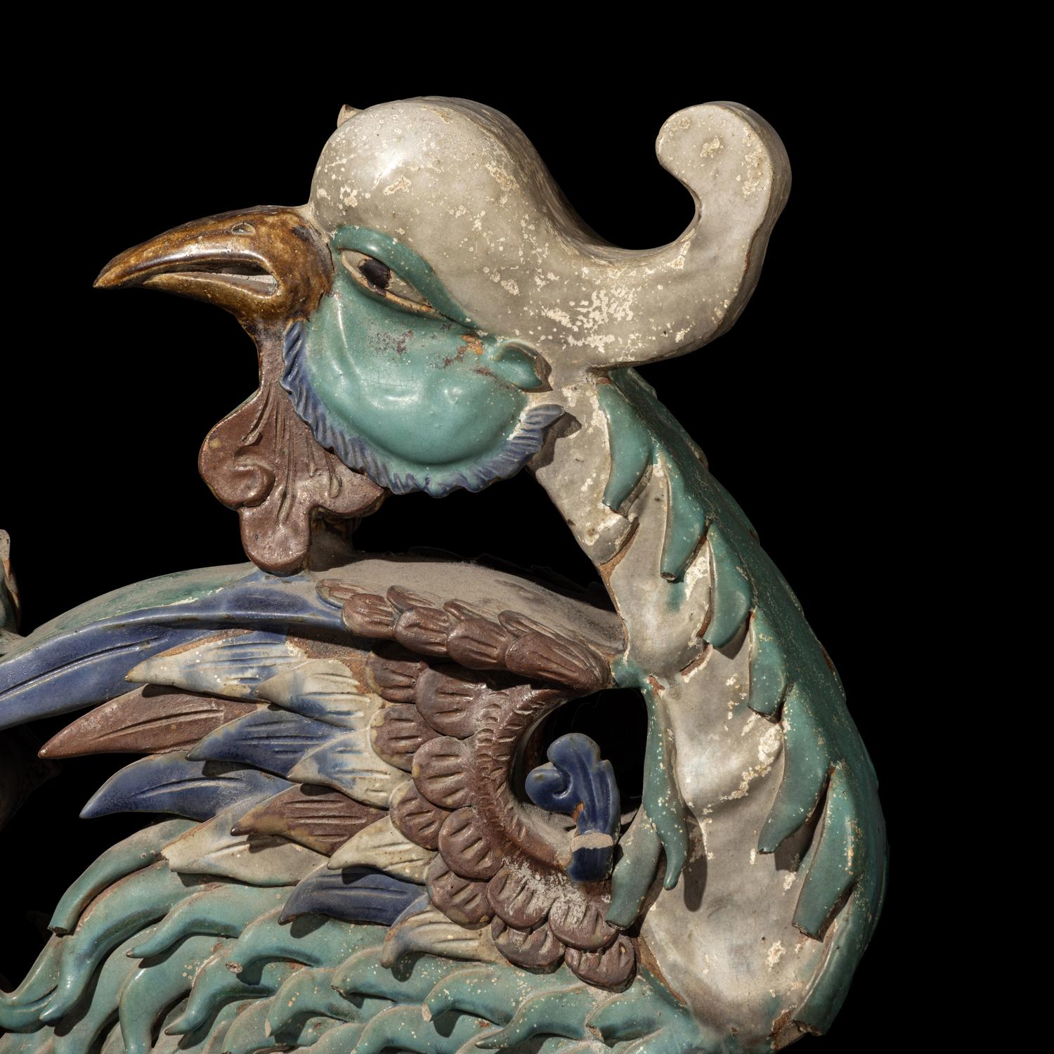 A Pair of Large Chinese Glazed Stoneware Architectural Tilework Phoenixes, Late 18th/19th Century 清中期 琉璃鳳凰大鴟吻一對