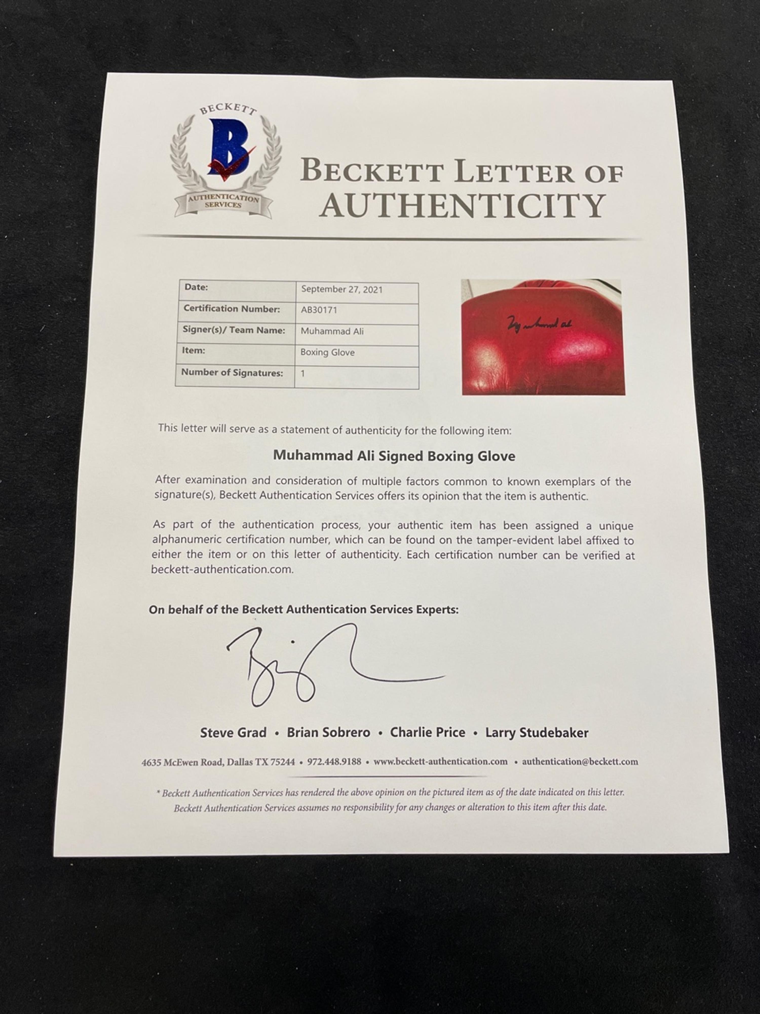 A Muhammad Ali Signed Autographed Everlast Boxing Glove (Left) Sourced Directly from Ali's G.O.A.T. Agency (BAS Beckett Authentication Services Certified),