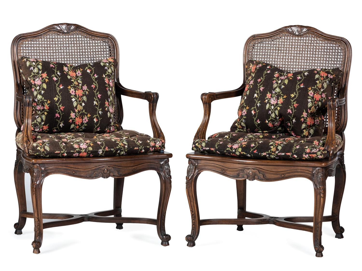 A Pair of Louis XV Style Caned Fauteuils