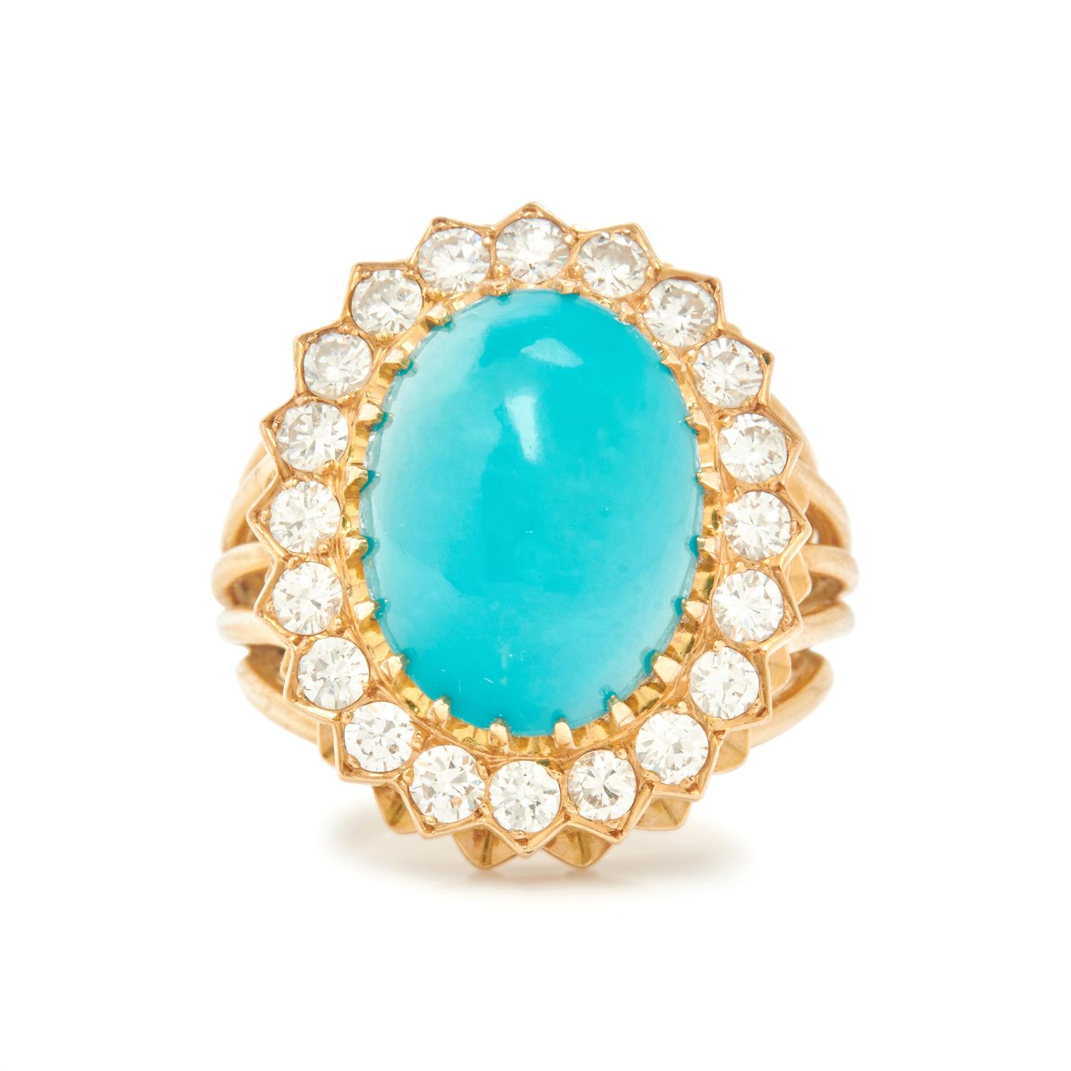 YELLOW GOLD, TREATED TURQUOISE AND DIAMOND RING