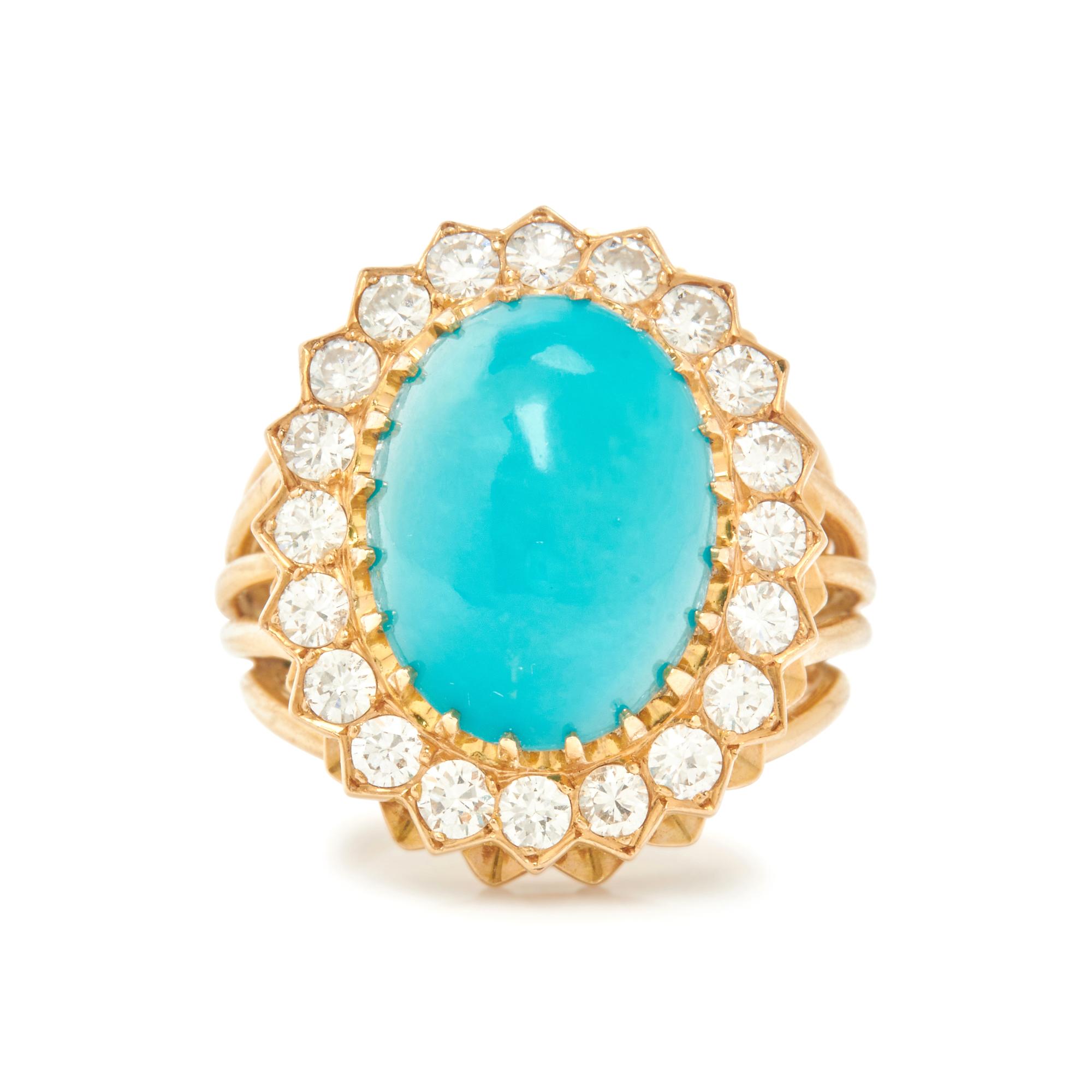 YELLOW GOLD, TREATED TURQUOISE AND DIAMOND RING