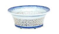 A Chinese Blue and White Canton Reticulated Fruit Basket Height 3 1/4 x width 6 3/4 x depth 8 inches. — 19TH CENTURY