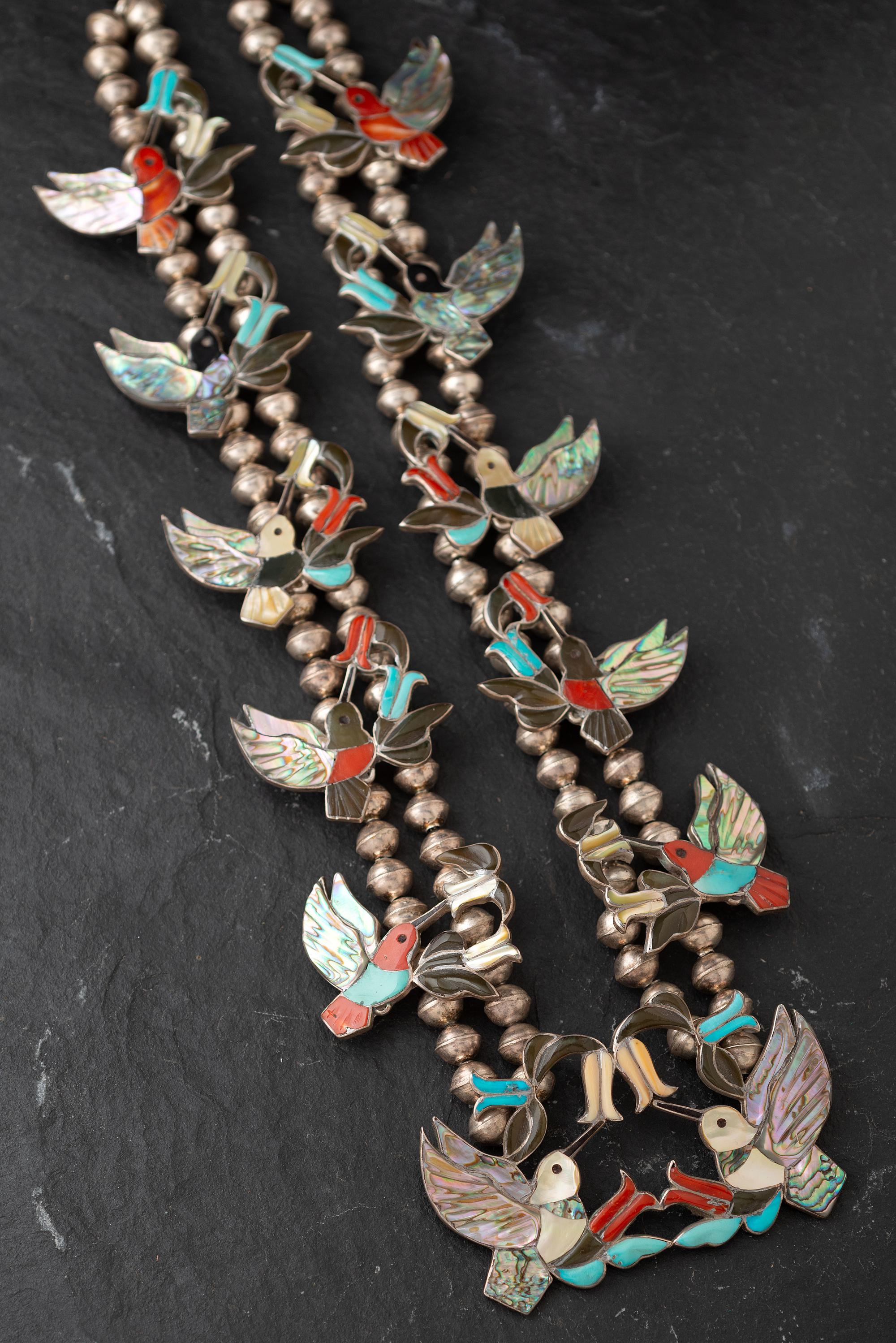 Award Winning Mosaic Inlay Hummingbird Squash Blossom Necklace