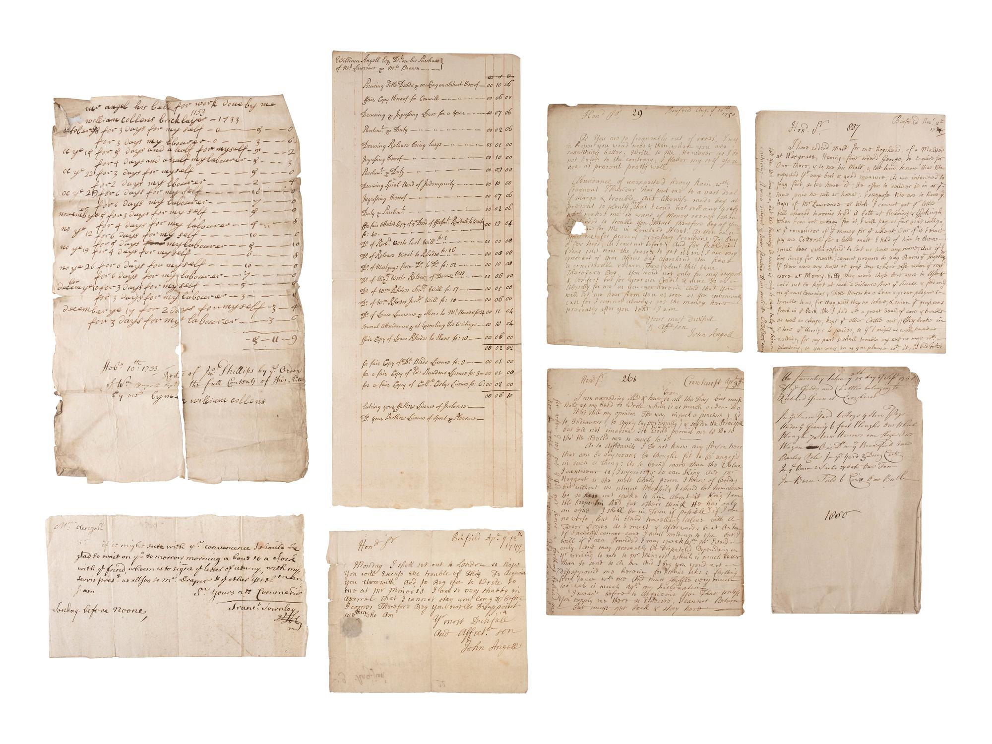 [COMMERCE]. A group of receipts and documents related to Englishmen John and William Angell, Esq., Richard Green, and others, including: