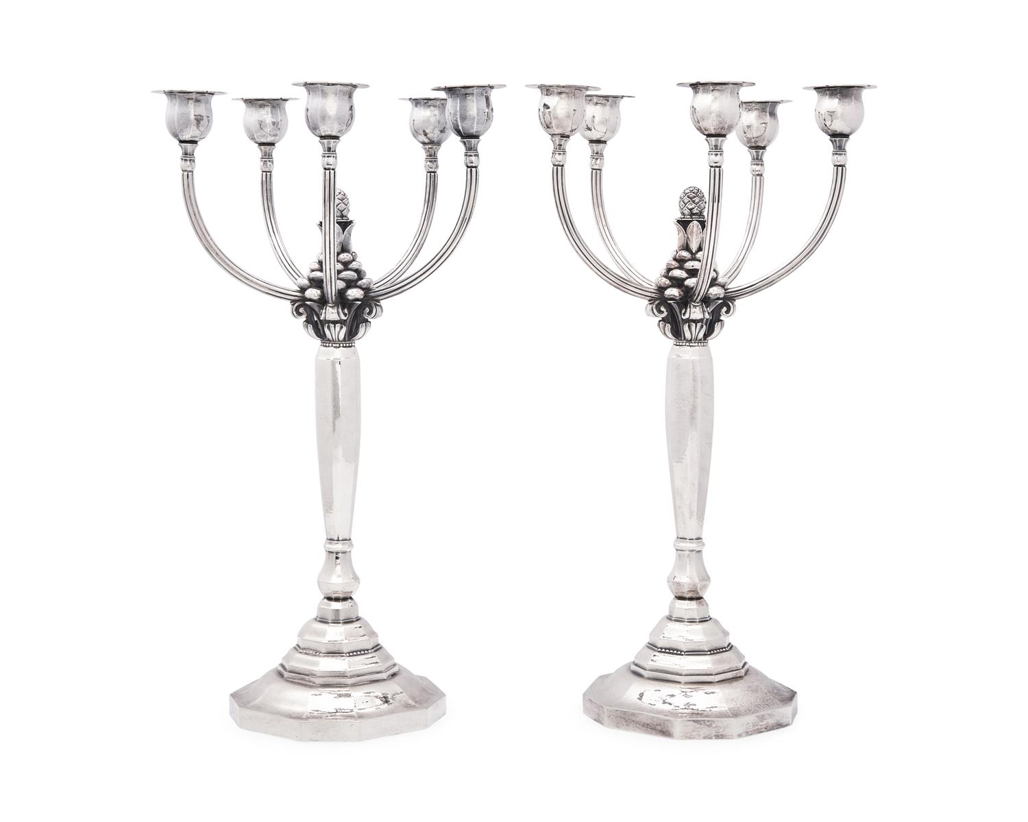 A Pair of Johan Rohde Designed Georg Jensen Silver Acorn Pattern Five-Light Candelabra