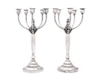 A Pair of Johan Rohde Designed Georg Jensen Silver Acorn Pattern Five-Light Candelabra