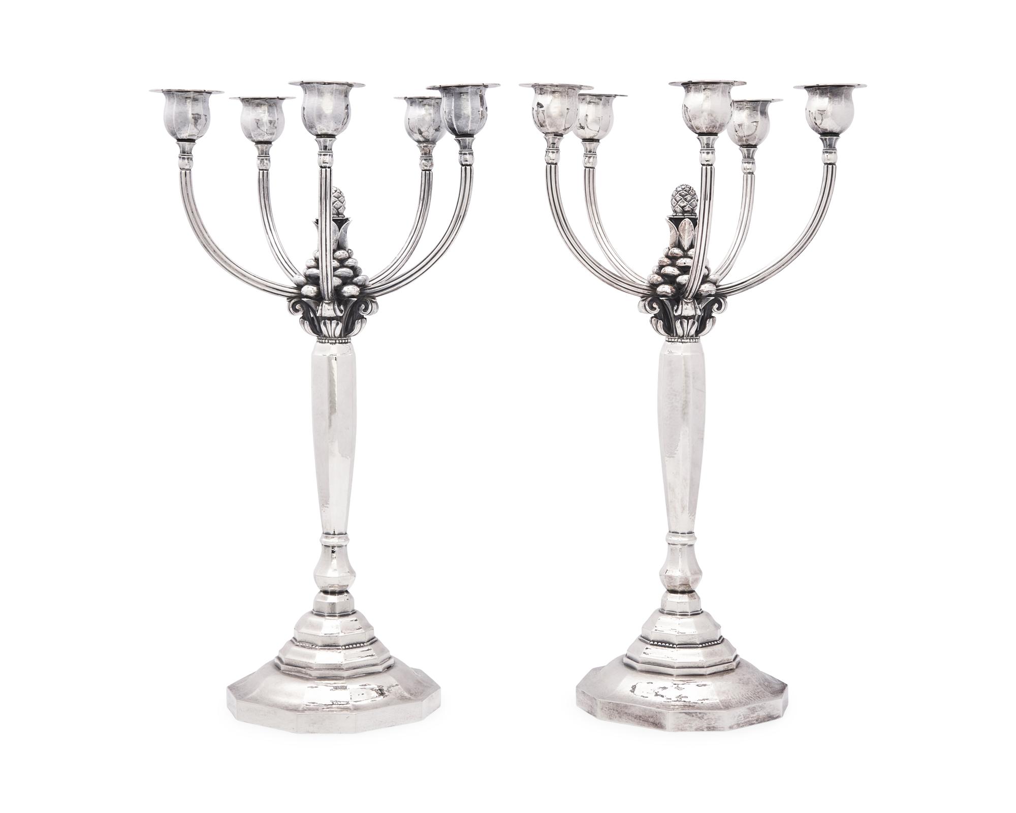 A Pair of Johan Rohde Designed Georg Jensen Silver Acorn Pattern Five-Light Candelabra