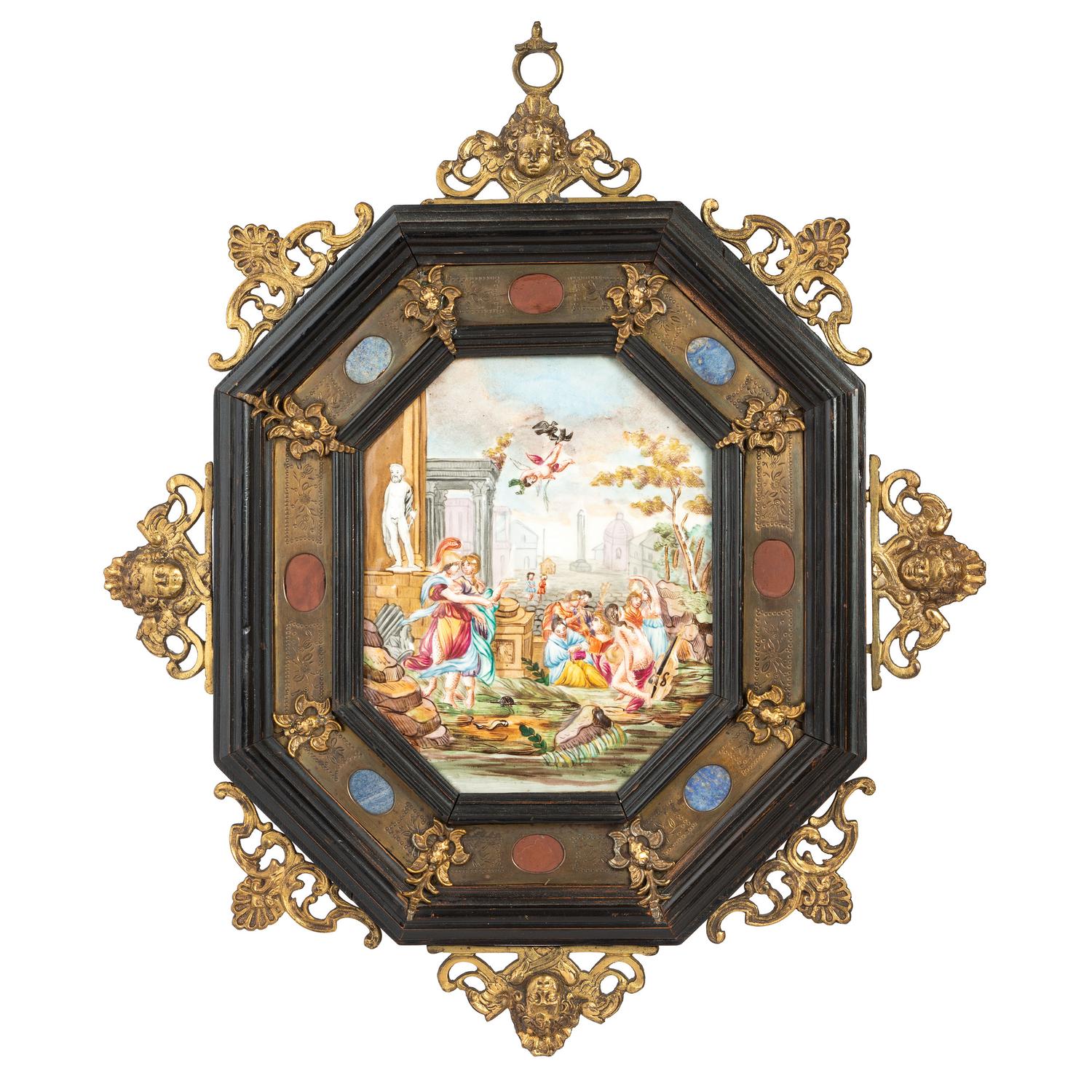 A Capodimonte Porcelain Plaque with Brass and Hardstone Frame