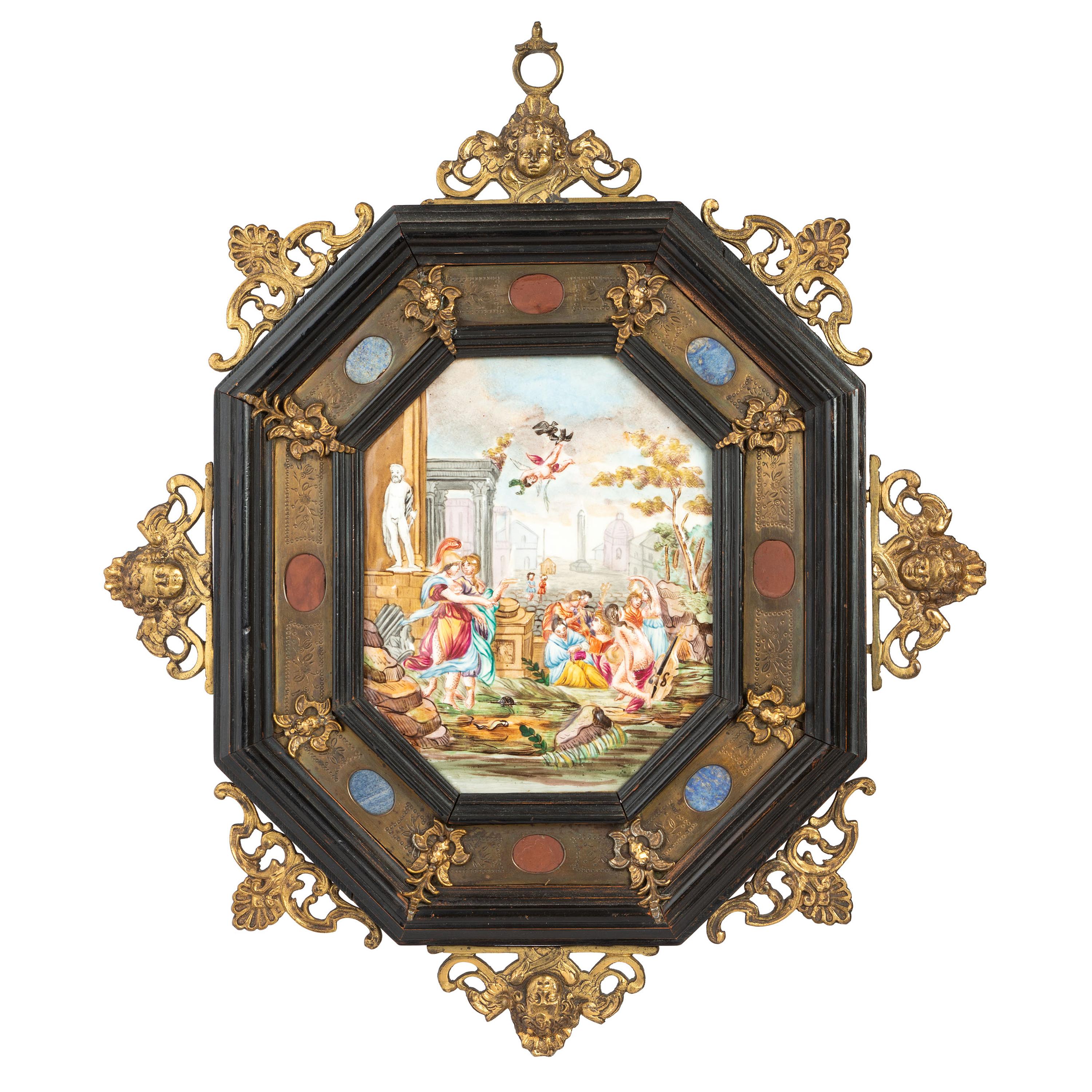 A Capodimonte Porcelain Plaque with Brass and Hardstone Frame