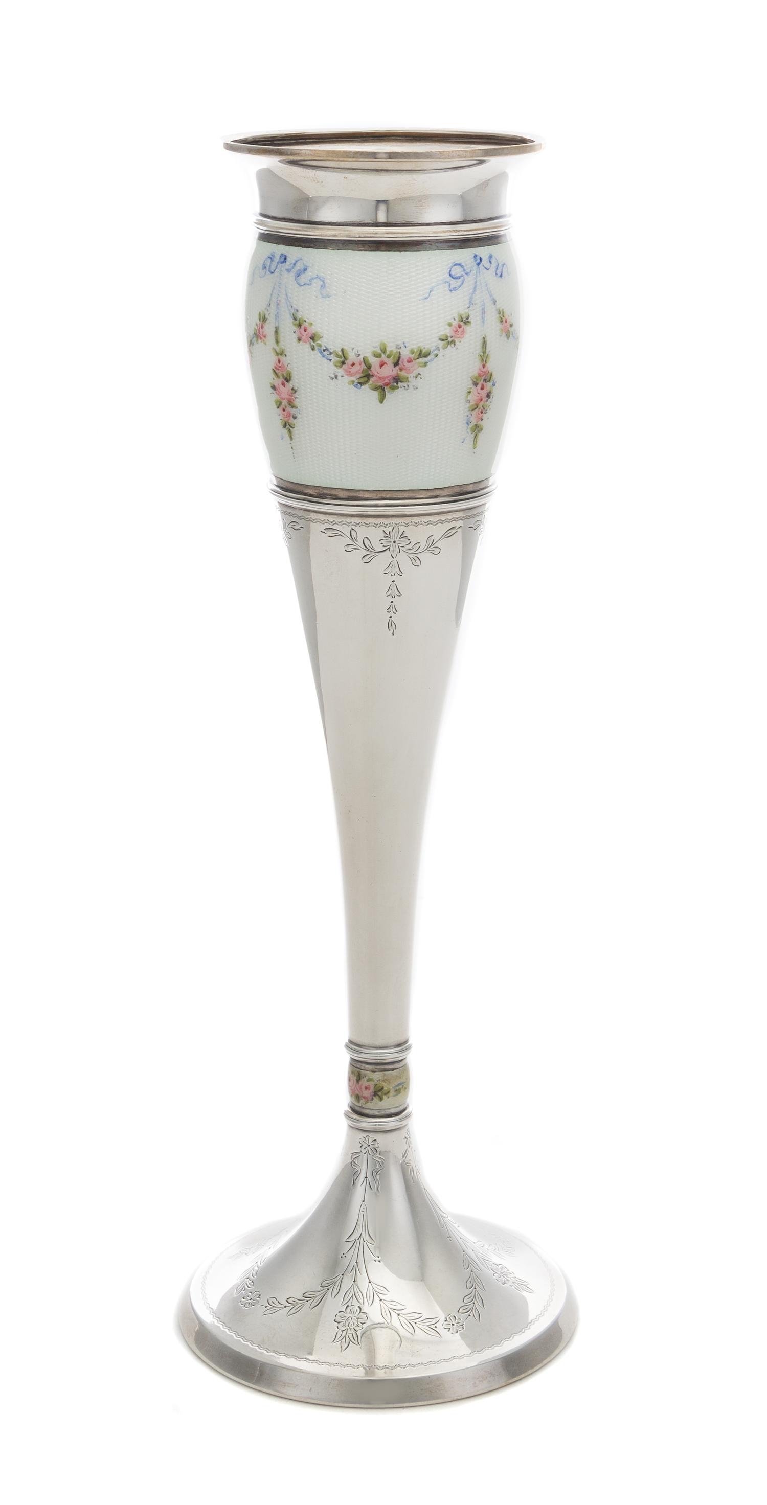 An American Silver and Enameled Vase, R. Blackington & Co., North Attleboro, MA, of tapering form, the body having a guilloche enamel b