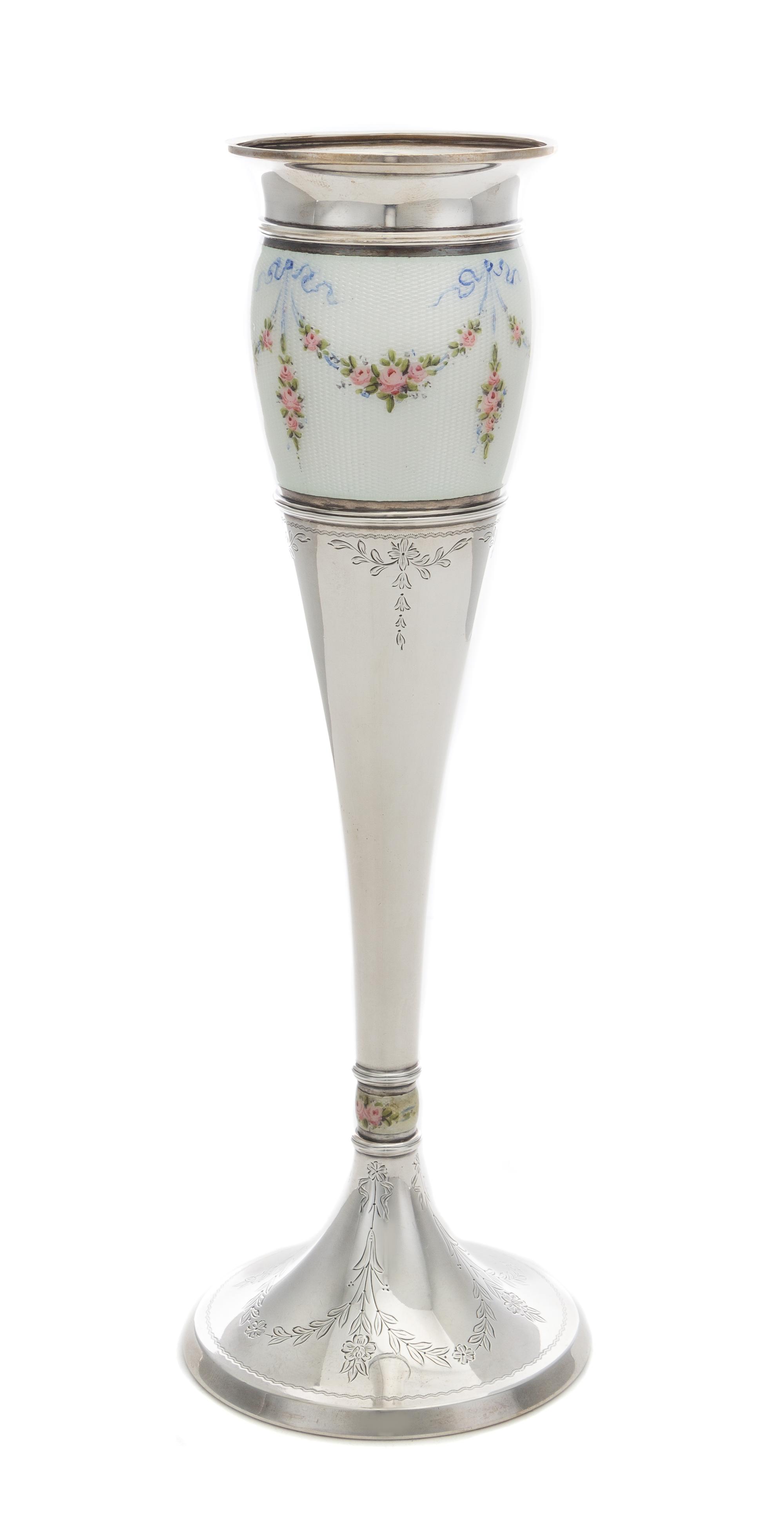 An American Silver and Enameled Vase, R. Blackington & Co., North Attleboro, MA, of tapering form, the body having a guilloche enamel b