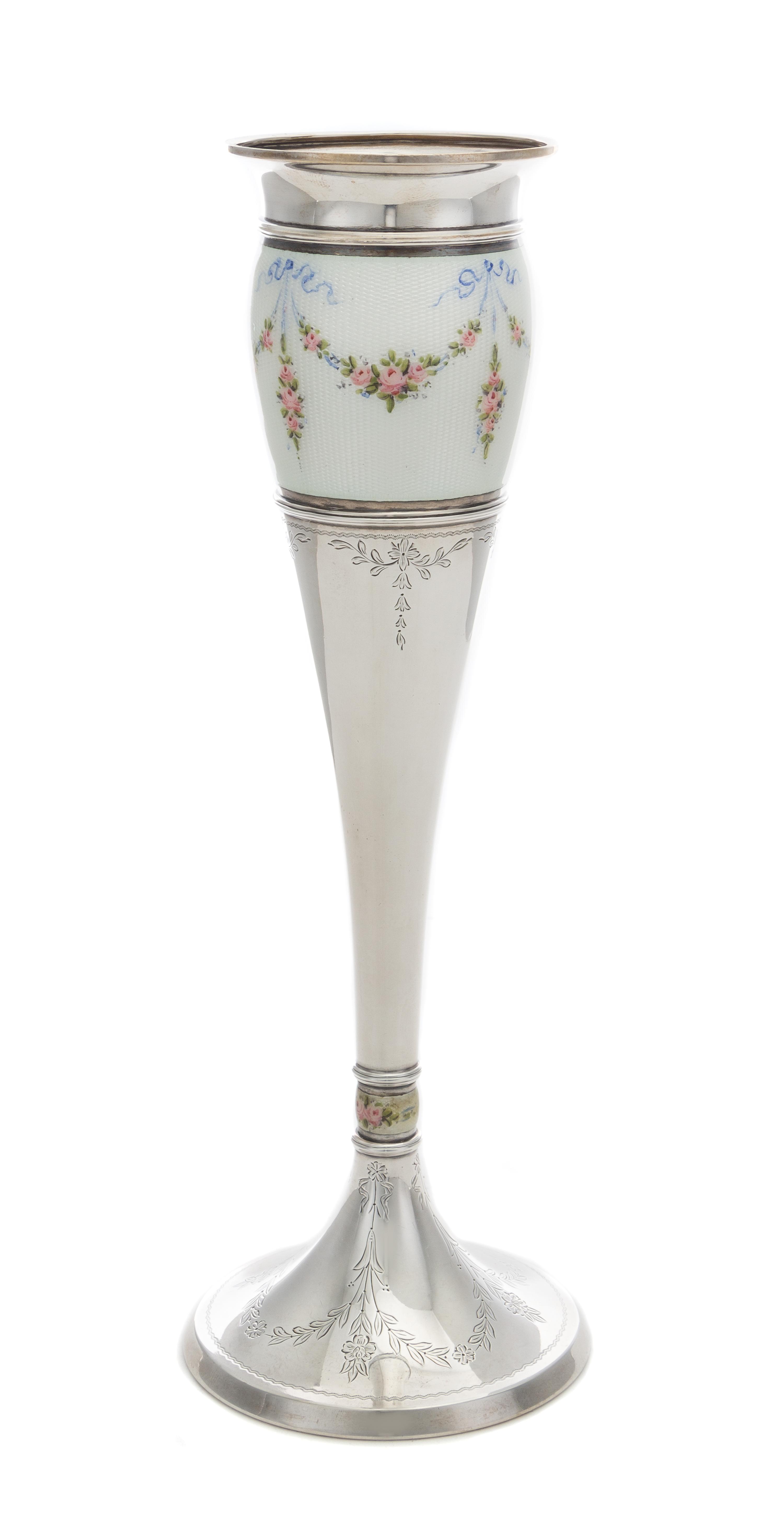 An American Silver and Enameled Vase, R. Blackington & Co., North Attleboro, MA, of tapering form, the body having a guilloche enamel b