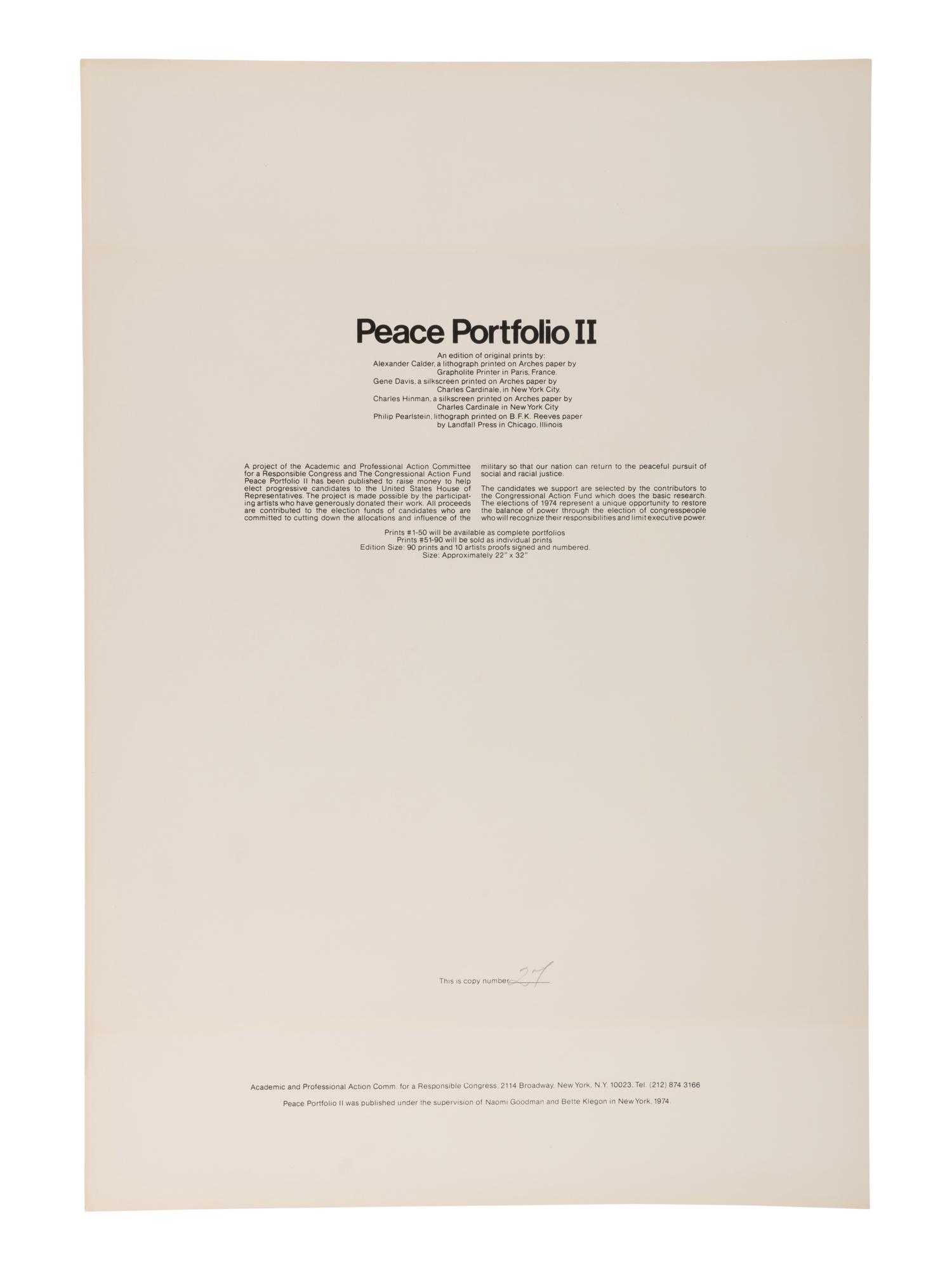 Various Artists (20th century) — Peace Portfolio II (complete portfolio of 4 with title page and portfolio case), 1974 Including works by Alexander Calder, Gene Davis, Charles Hinman, and Philip Pearlstein.