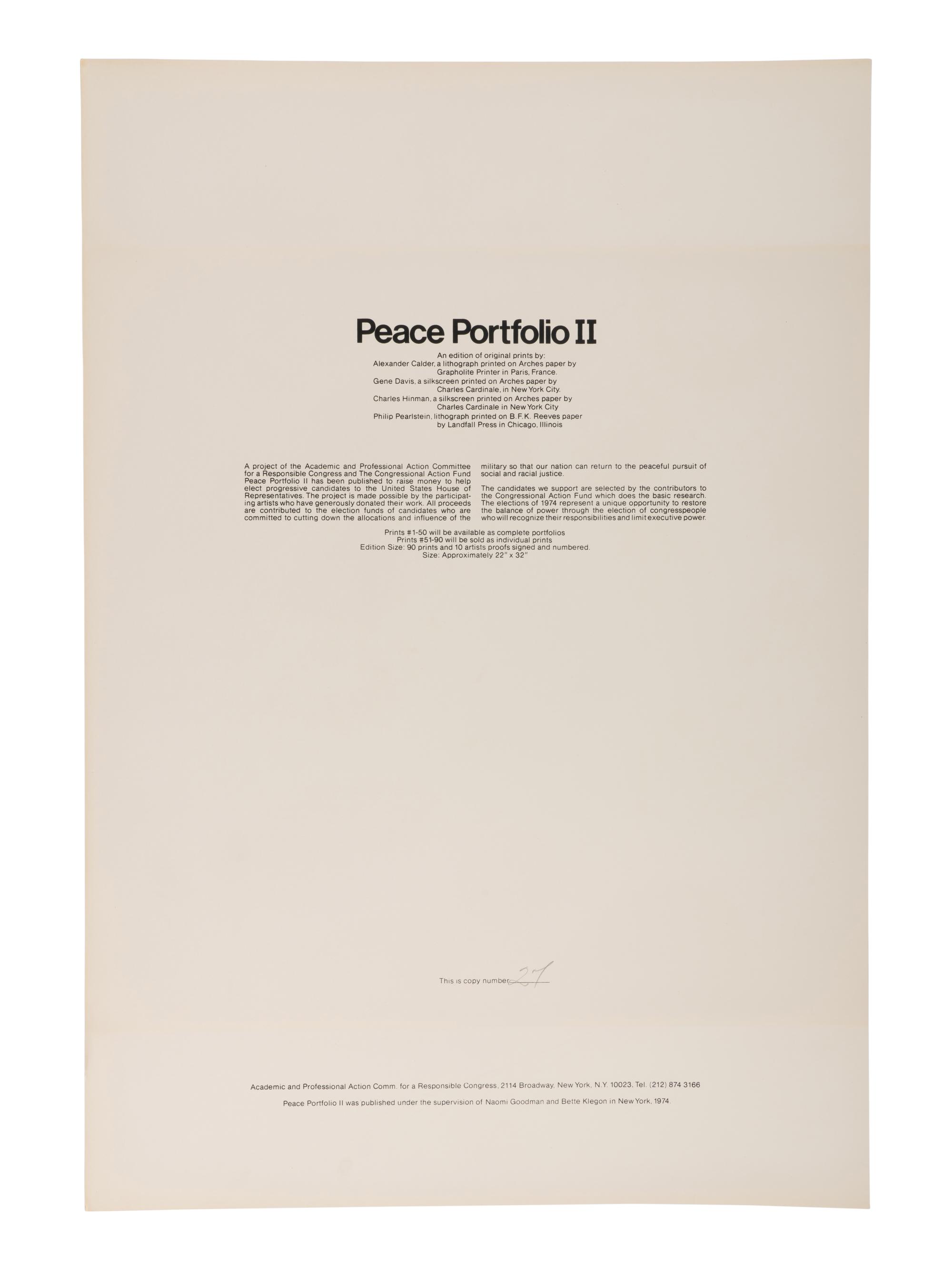 Various Artists (20th century) — Peace Portfolio II (complete portfolio of 4 with title page and portfolio case), 1974 Including works by Alexander Calder, Gene Davis, Charles Hinman, and Philip Pearlstein.