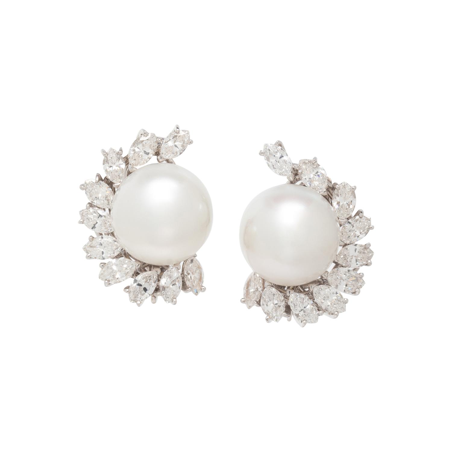 CARTIER, SOUTH SEA CULTURED PEARL AND DIAMOND CLIP EARRINGS