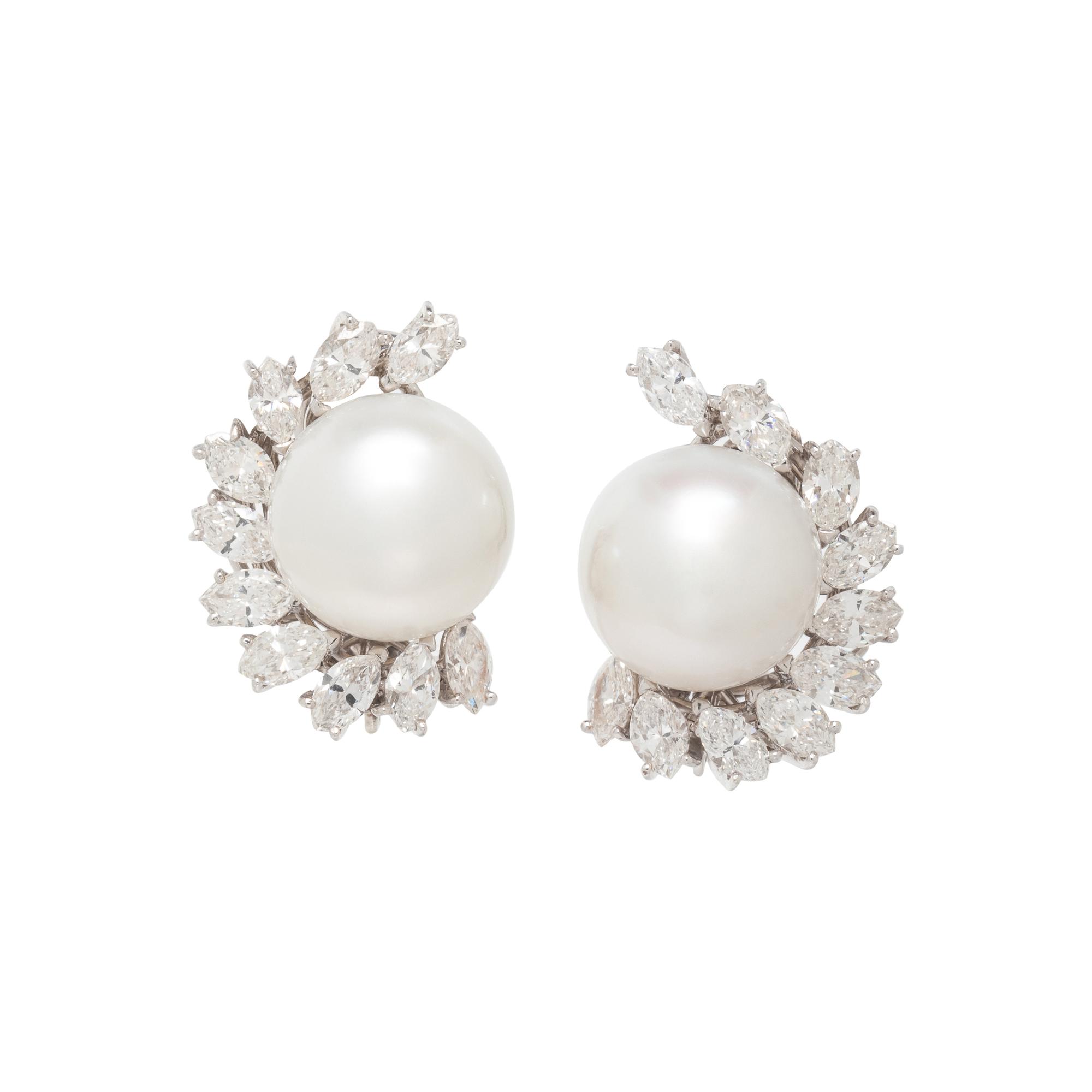 CARTIER, SOUTH SEA CULTURED PEARL AND DIAMOND CLIP EARRINGS