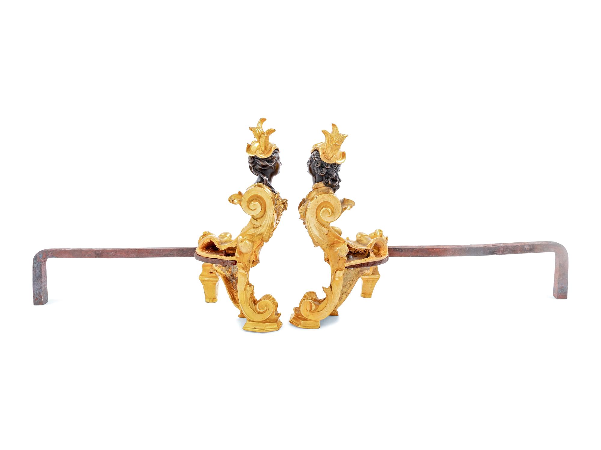 A Pair of French Gilt and Patinated Bronze Chenets with Busts of Ladies