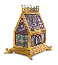 A Continental Stained and Painted Glass Mounted Gilt Bronze Chasse Form Casket Height 11 1/4 inches. — 19TH CENTURY