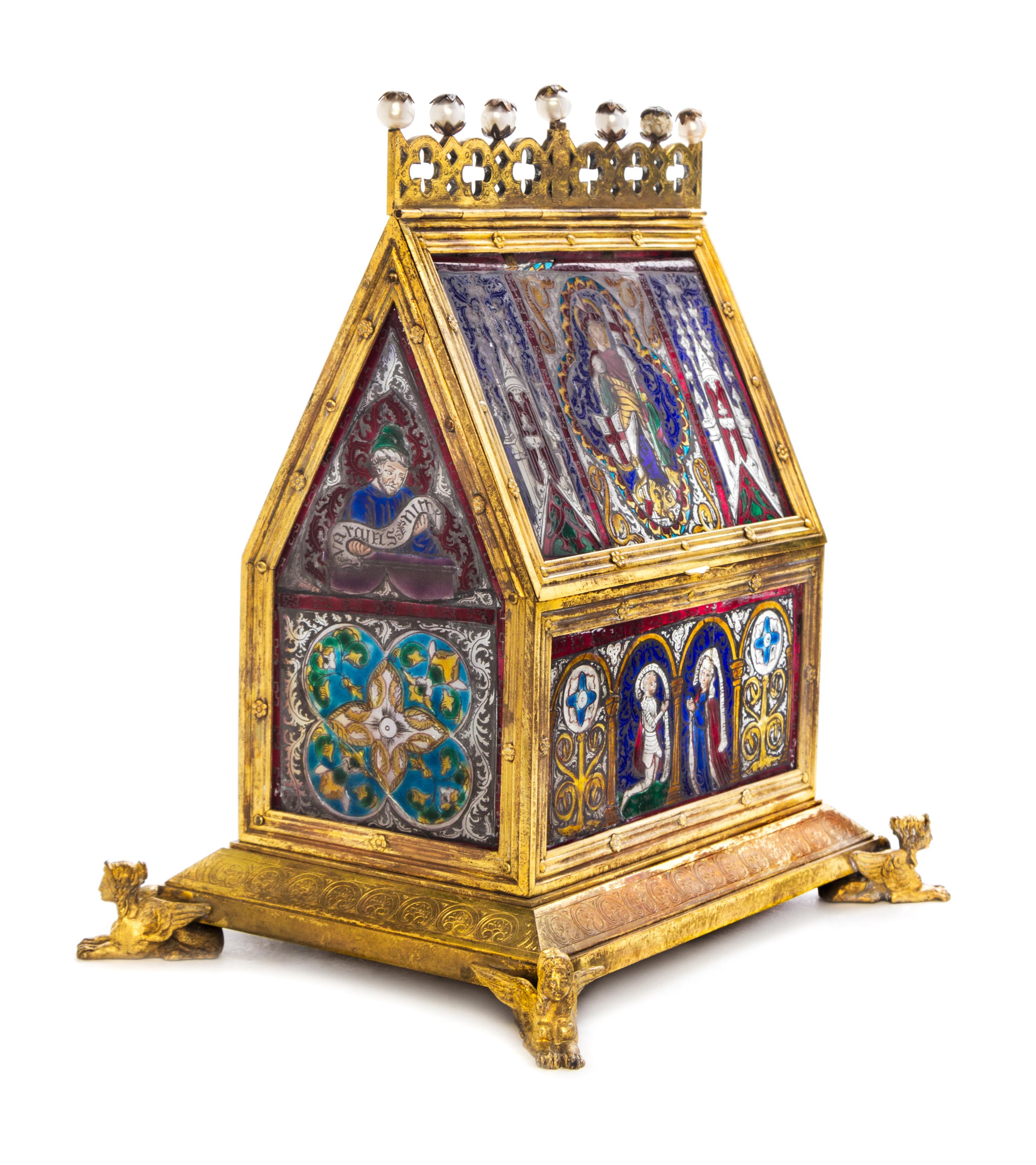 A Continental Stained and Painted Glass Mounted Gilt Bronze Chasse Form Casket Height 11 1/4 inches. — 19TH CENTURY