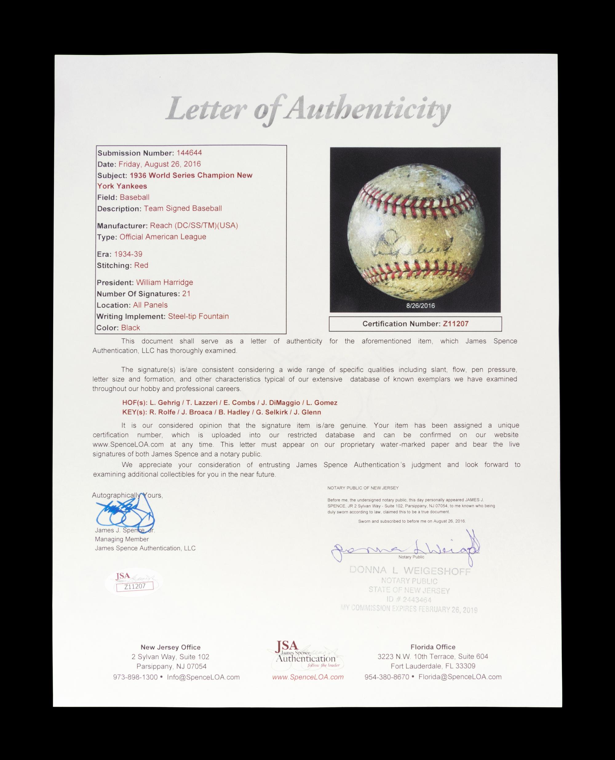 A 1936 World Series Champion New York Yankees Team Signed Baseball, Including Lou Gehrig and Joe DiMaggio (JSA Letter).