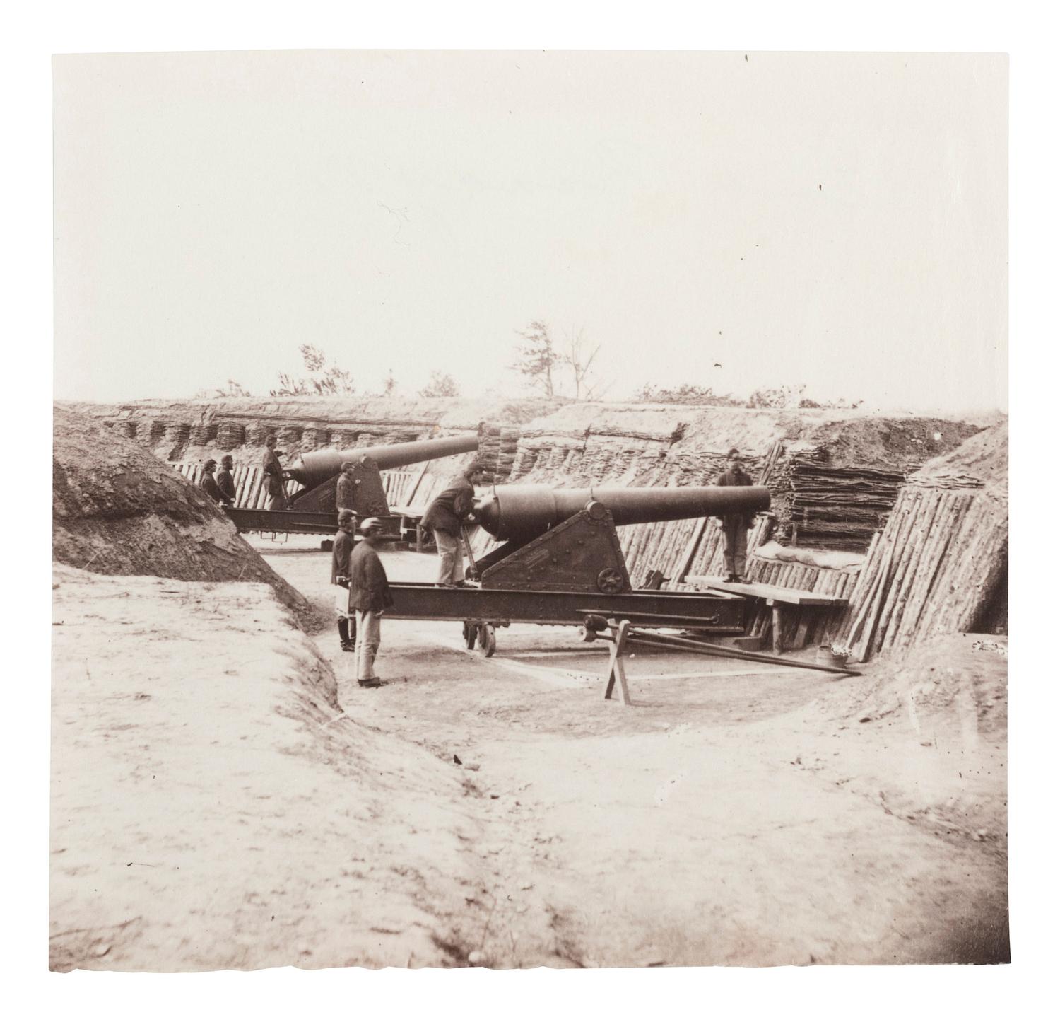 [CIVIL WAR]. RUSSELL, Andrew Joseph (1830-1902), photographer, attrib. Interior View of Fort Brady with Parrott Guns, near Dutch Gap, Virginia. 1861-1865.
