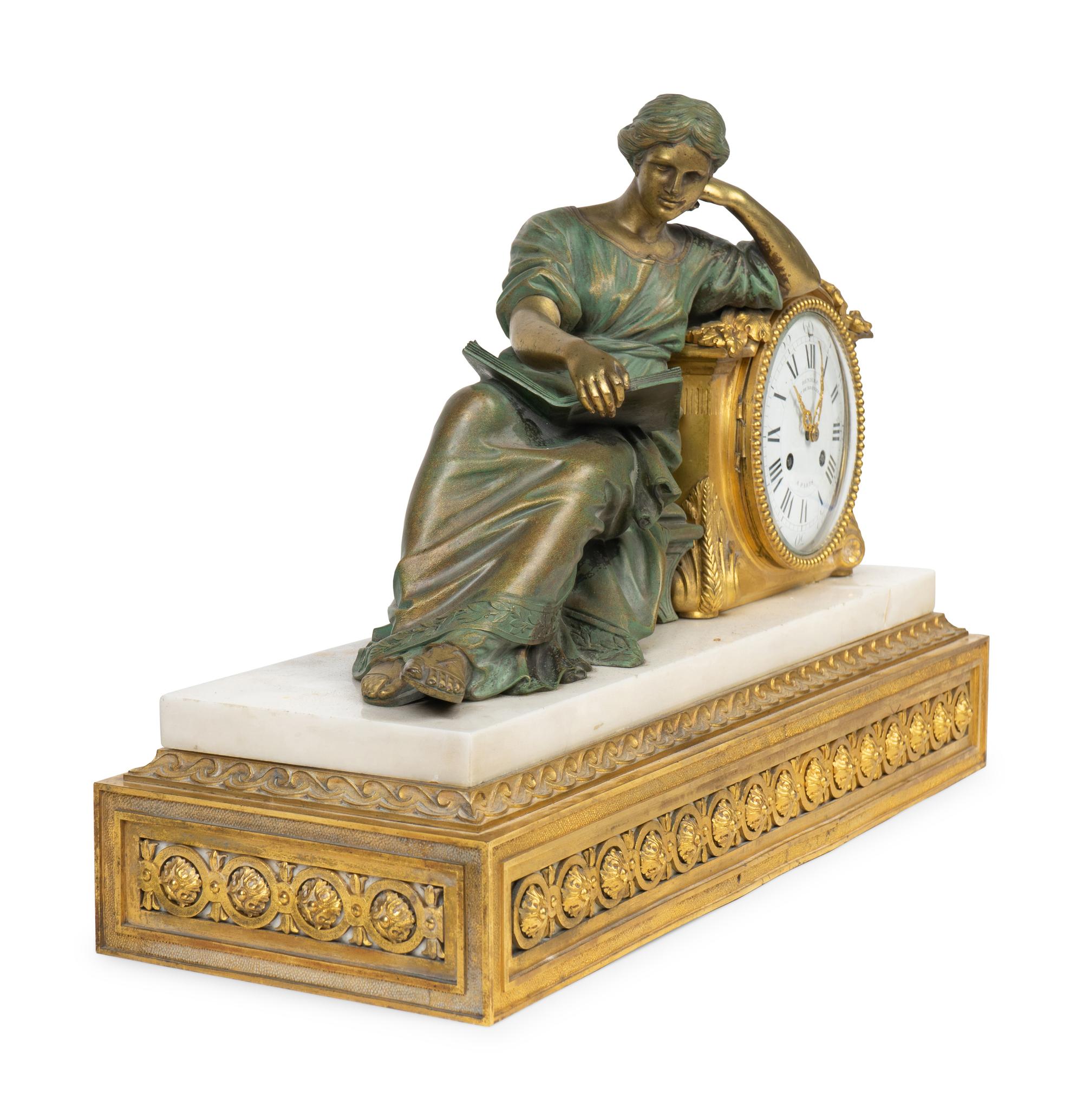 A French Empire Bronze, Gilt Bronze and Marble Figural Mantle Clock — 19TH CENTURY