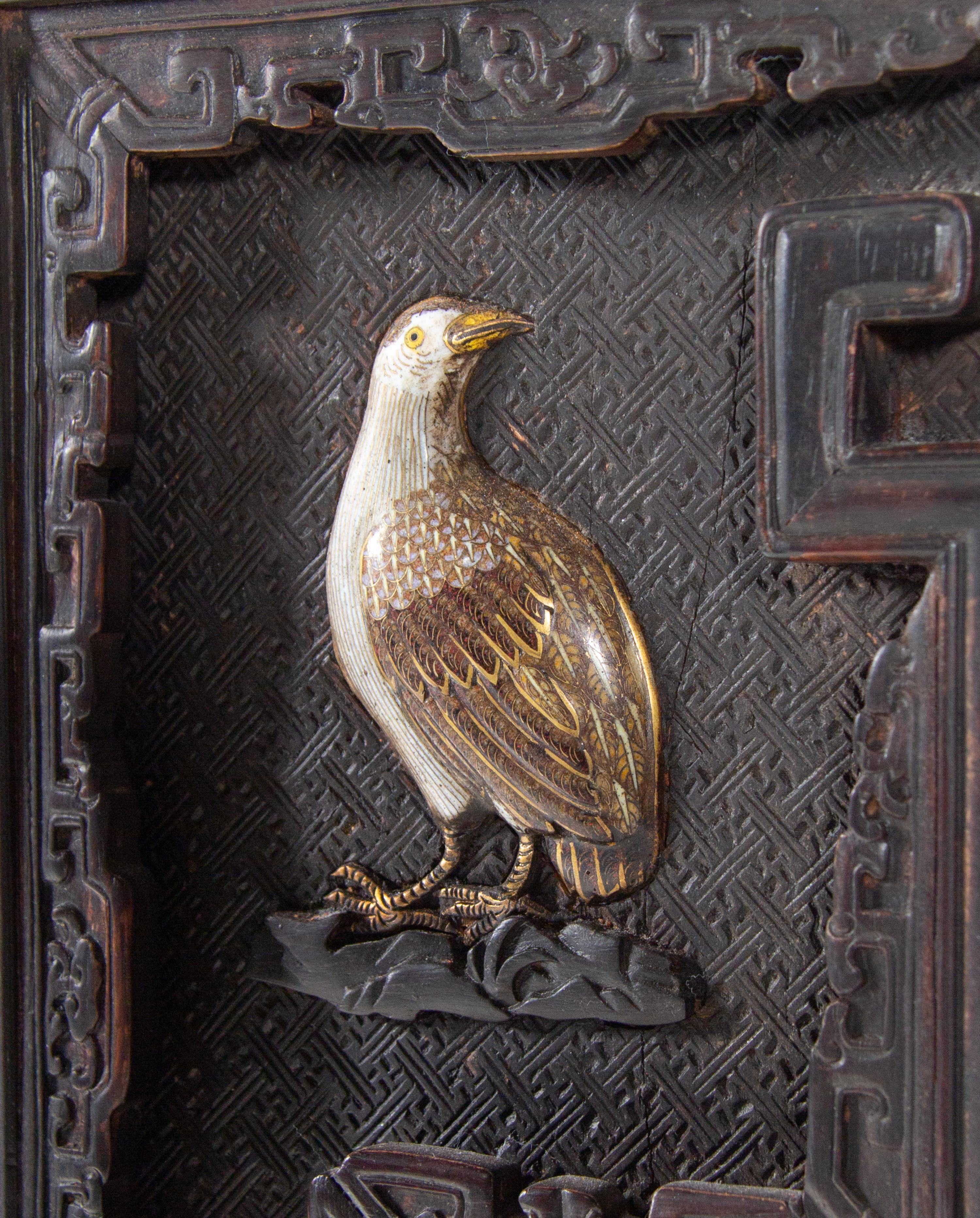 A Large Chinese Export Hardstone Inset Carved Hardwood Screen