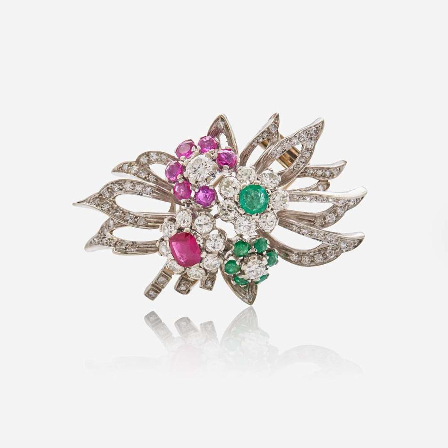 A 14K White Gold, Diamond, Ruby, and Emerald Brooch