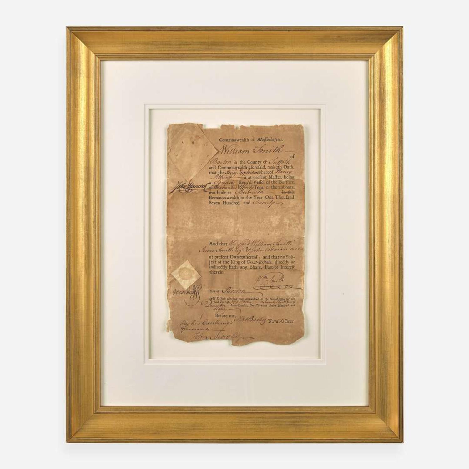 [Declaration of Independence] [Massachusetts] Hancock, John Partially-Printed Document, signed