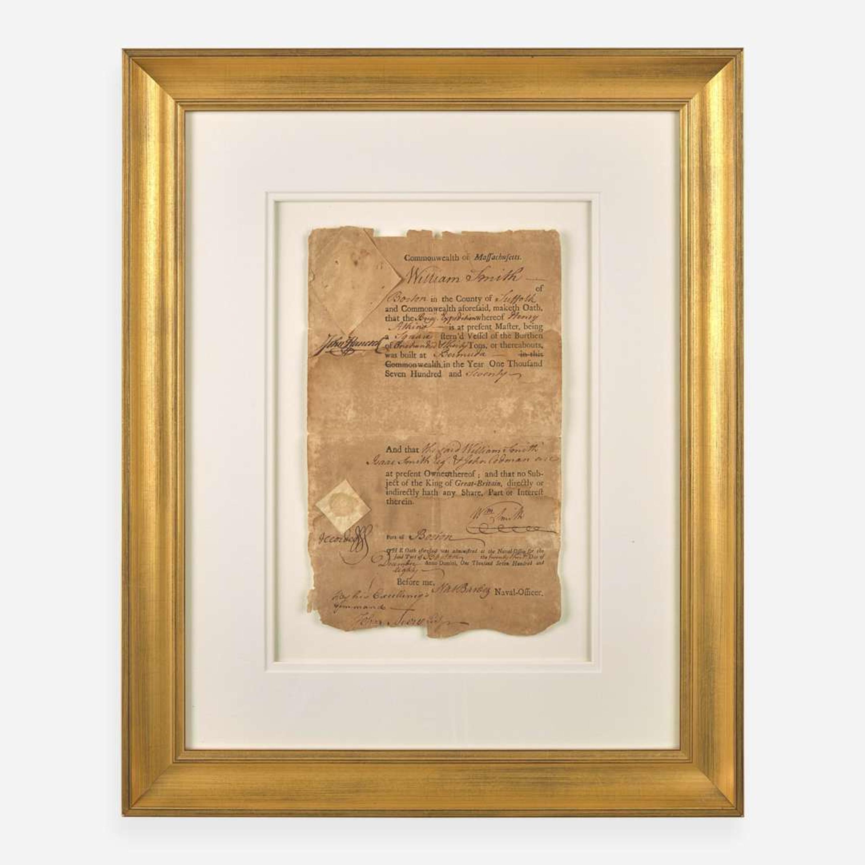 [Declaration of Independence] [Massachusetts] Hancock, John Partially-Printed Document, signed