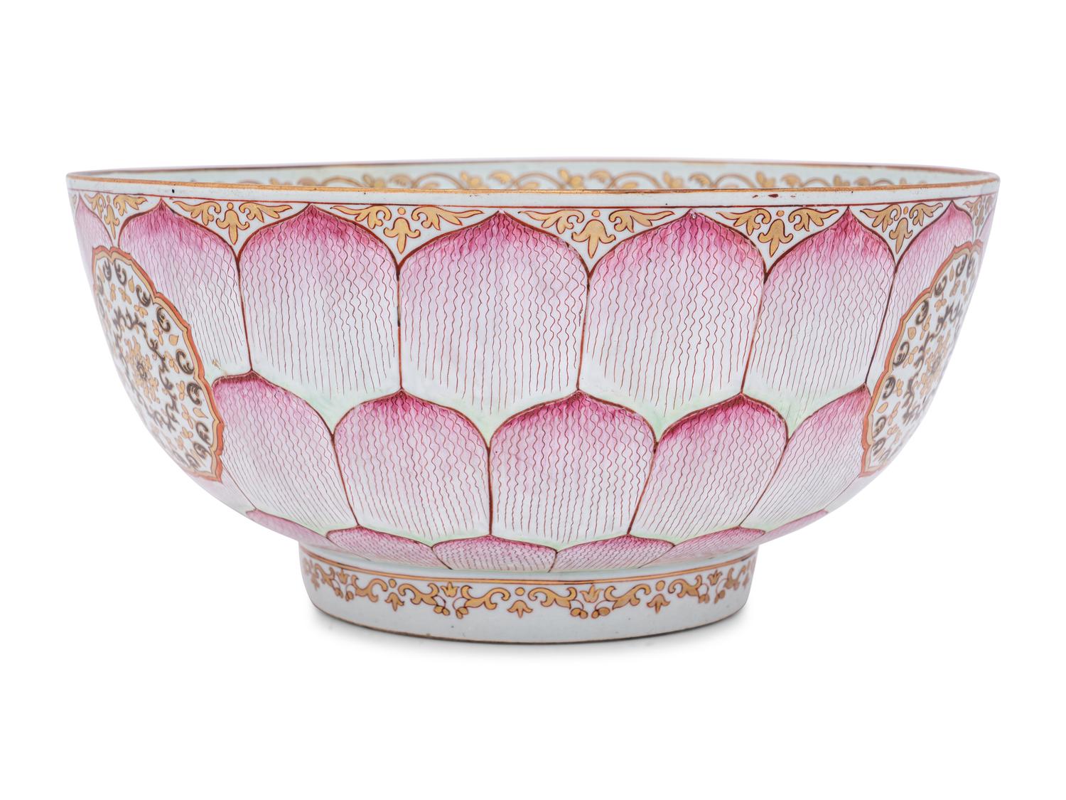 A Large Chinese Export Painted and Parcel-Gilt Porcelain Punch Bowl