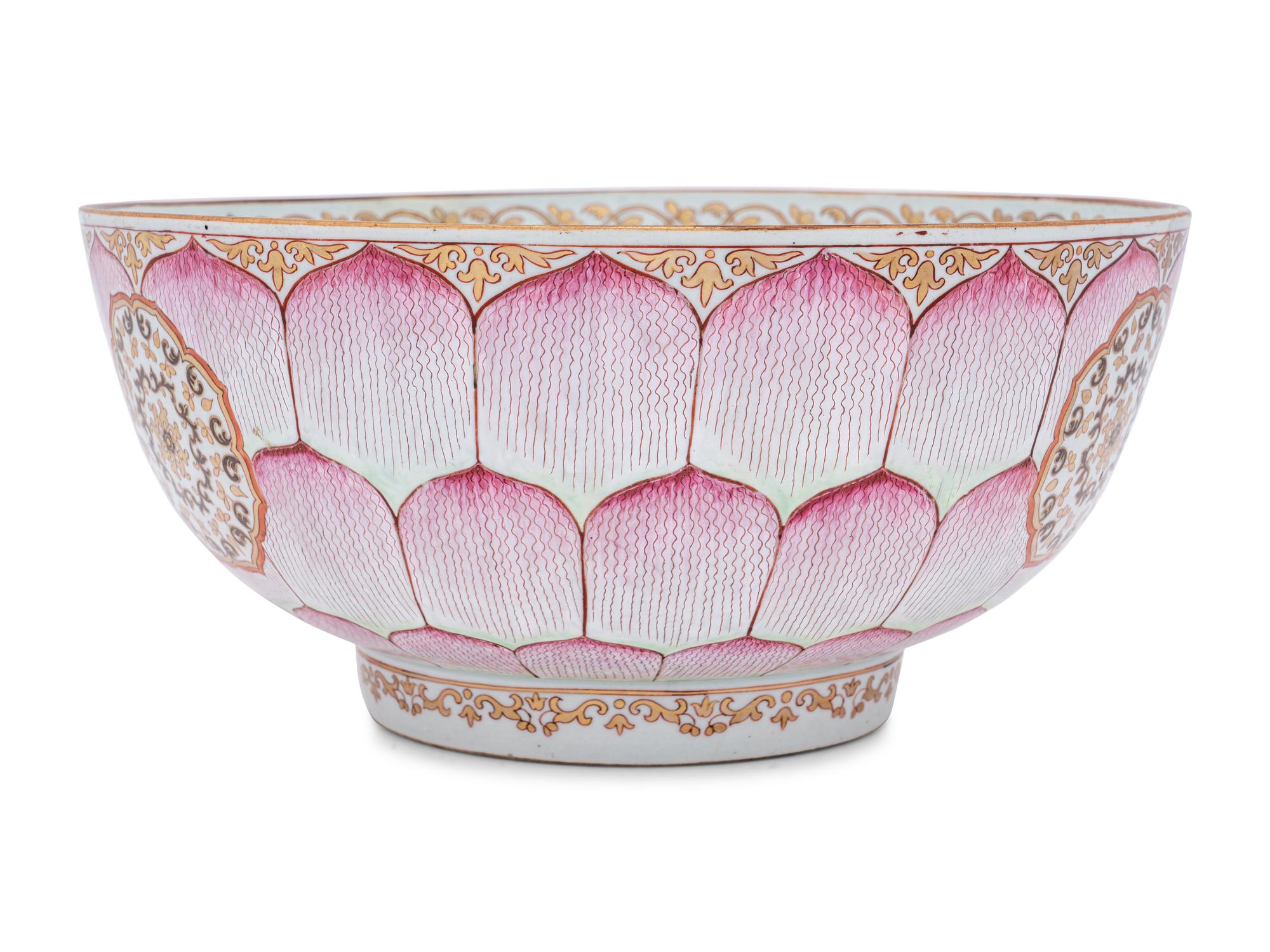 A Large Chinese Export Painted and Parcel-Gilt Porcelain Punch Bowl
