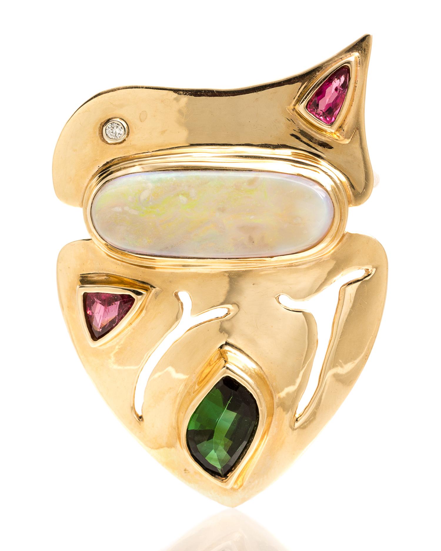 A 14 Karat Yellow Gold, Opal, Tourmaline and Diamond Brooch, 19.50 dwts.