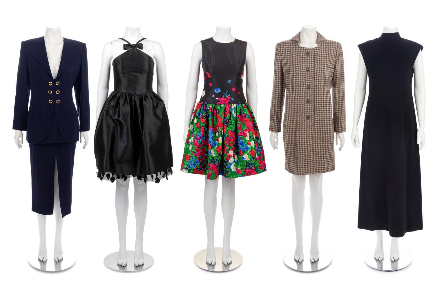Five Vintage Items; One Galanos Skirt Suit, One Norman Norell Dress, One Oscar de la Renta Dress, One Bill Blass Dress, and One Galanos Coat, 1970-2010s