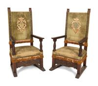 A Pair of Italian Baroque Style Armchairs with Velvet Upholstered Back and Seat