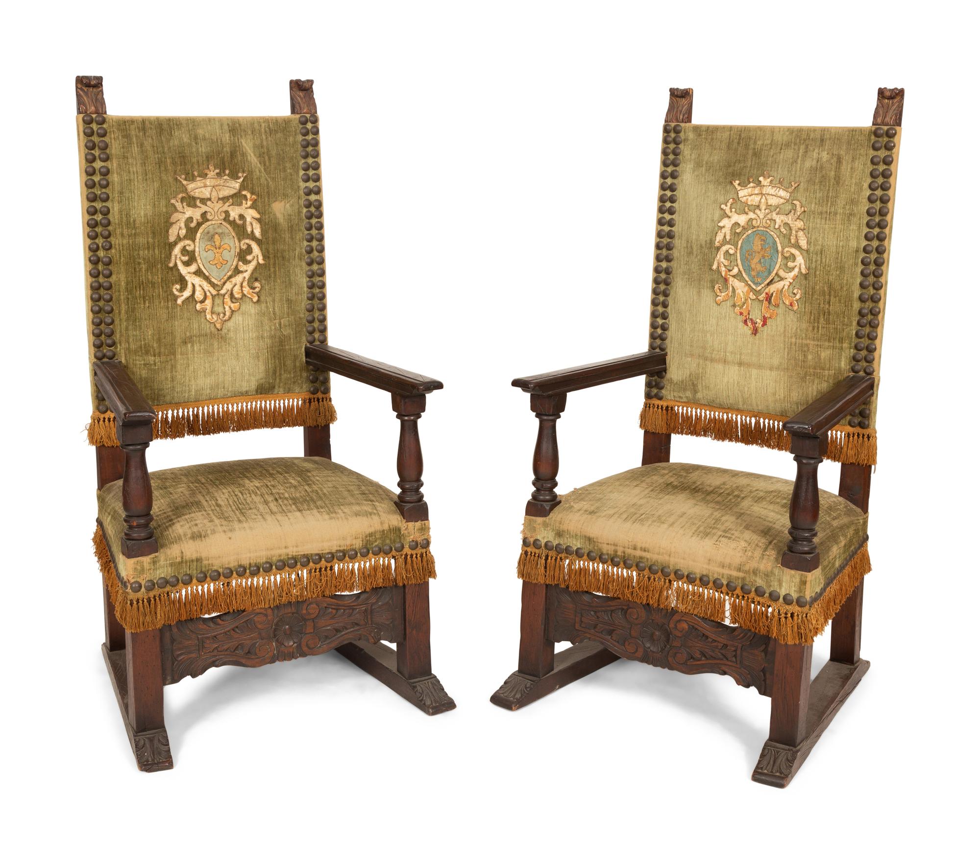 A Pair of Italian Baroque Style Armchairs with Velvet Upholstered Back and Seat