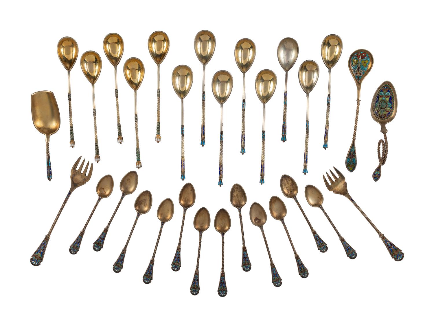 Thirty Russian Silver and Enamel Spoons and Forks