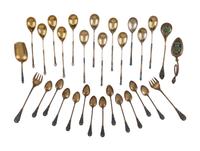 Thirty Russian Silver and Enamel Spoons and Forks