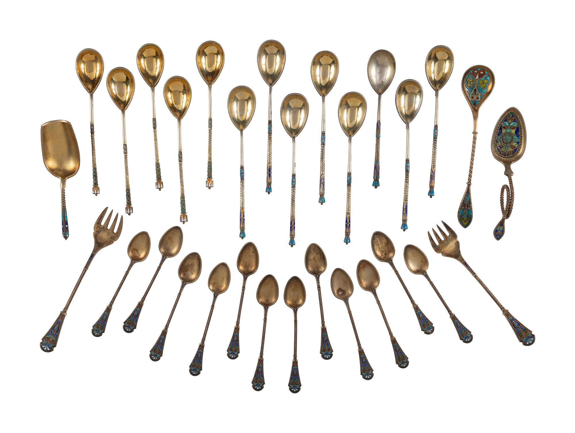 Thirty Russian Silver and Enamel Spoons and Forks