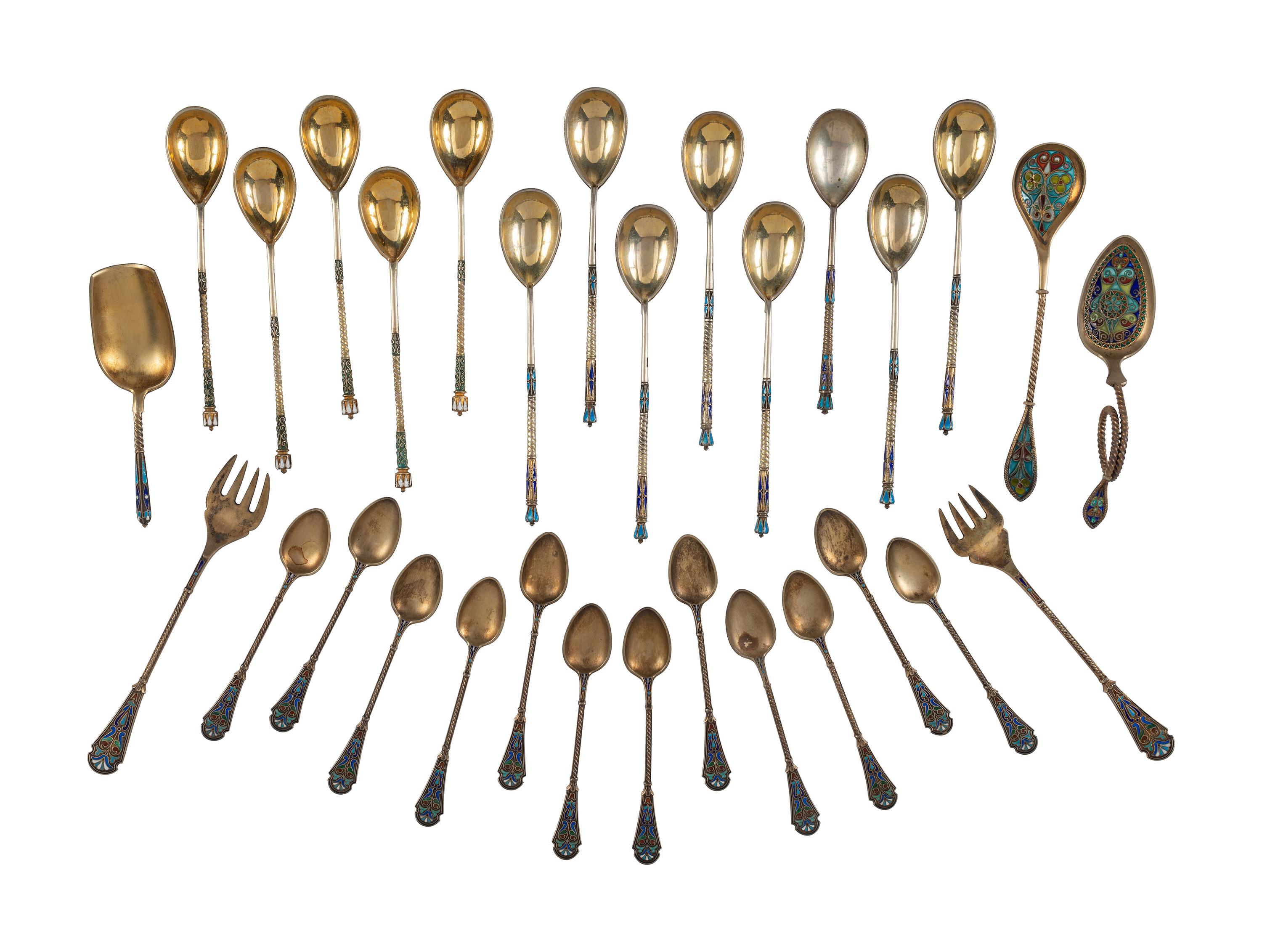 Thirty Russian Silver and Enamel Spoons and Forks