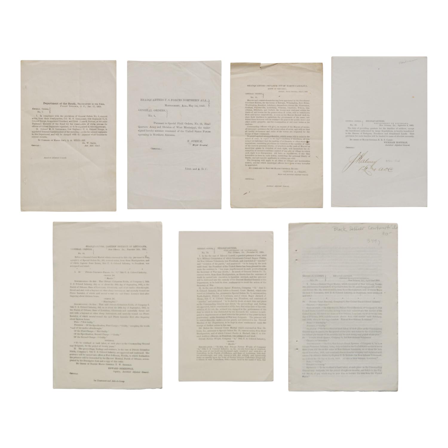 [African-Americana] Group of 7 Civil War-Era General Orders Related to Black Union Soldiers