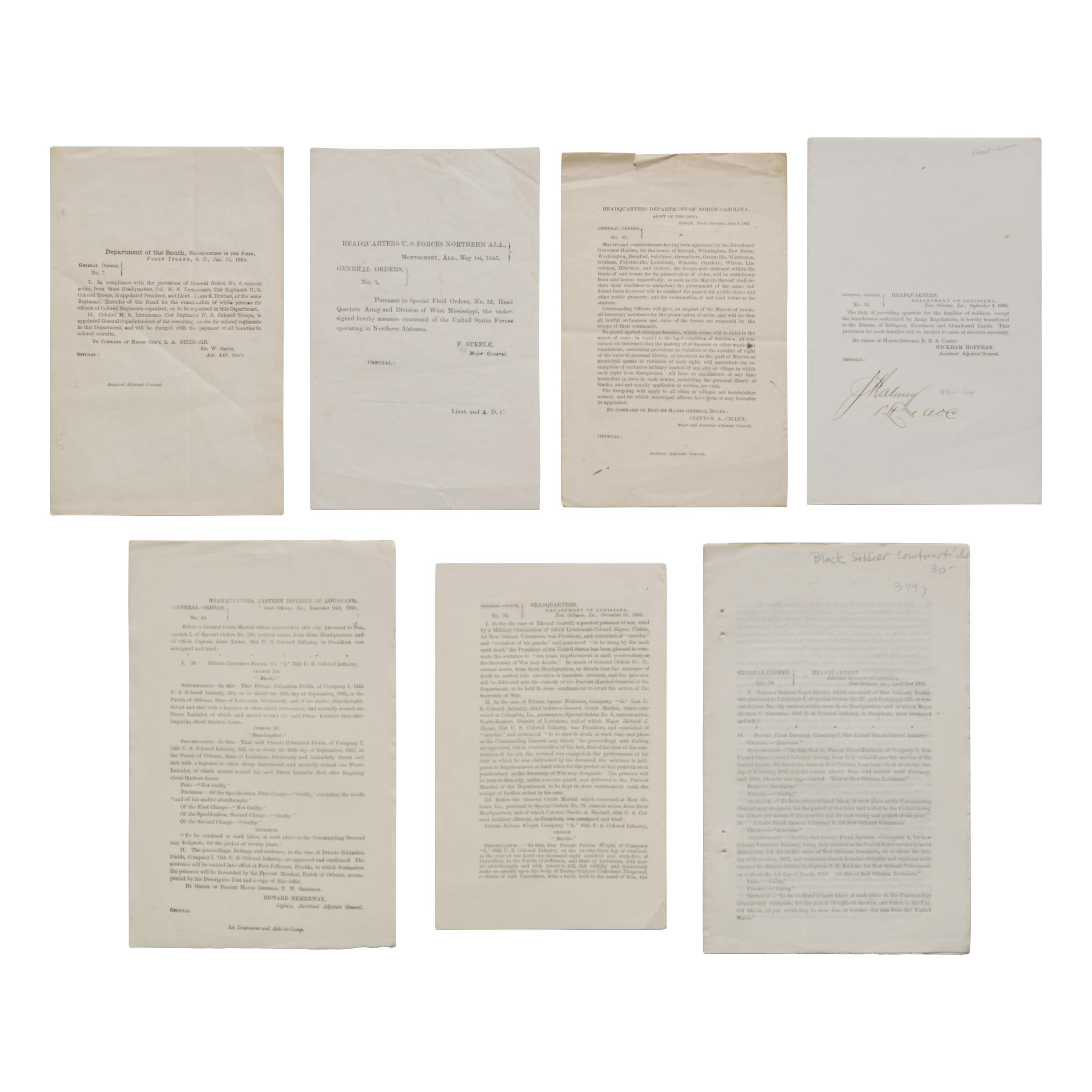[African-Americana] Group of 7 Civil War-Era General Orders Related to Black Union Soldiers